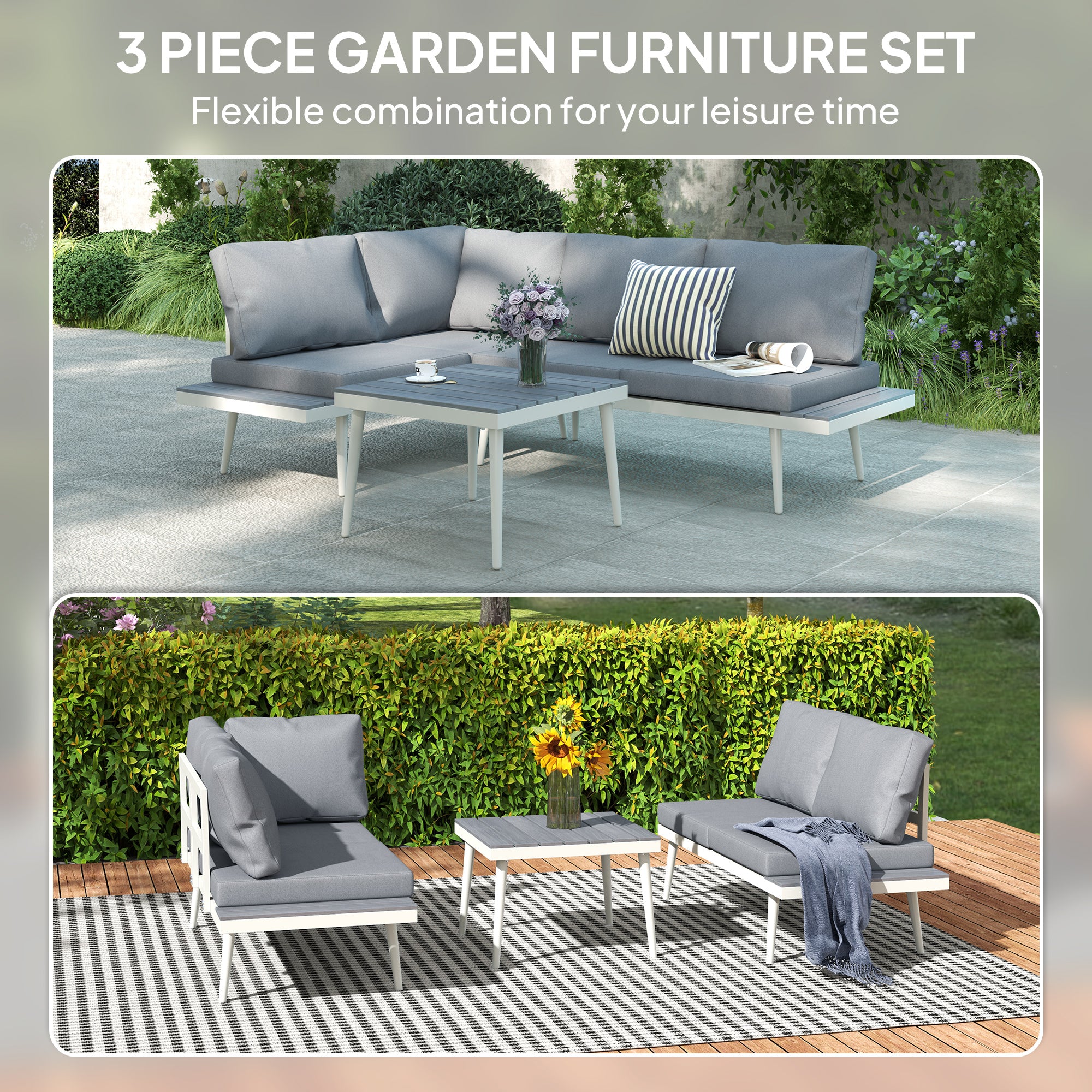 Outsunny 3 Piece Garden Furniture Set with 5-Level Adjustable Lounger, Grey