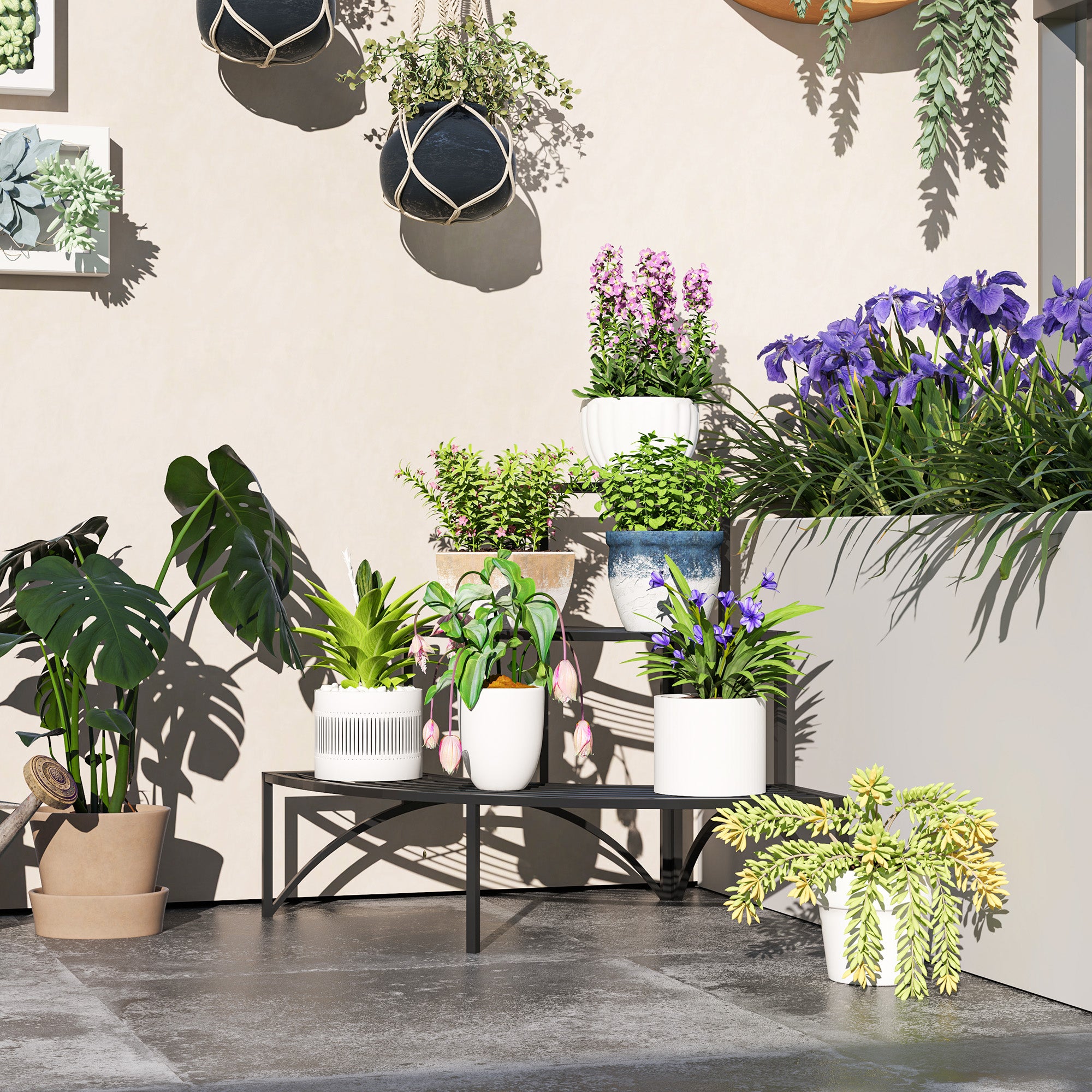 Outsunny 3 Tier Metal Corner Plant Stand for Garden Balcony Patio, Black