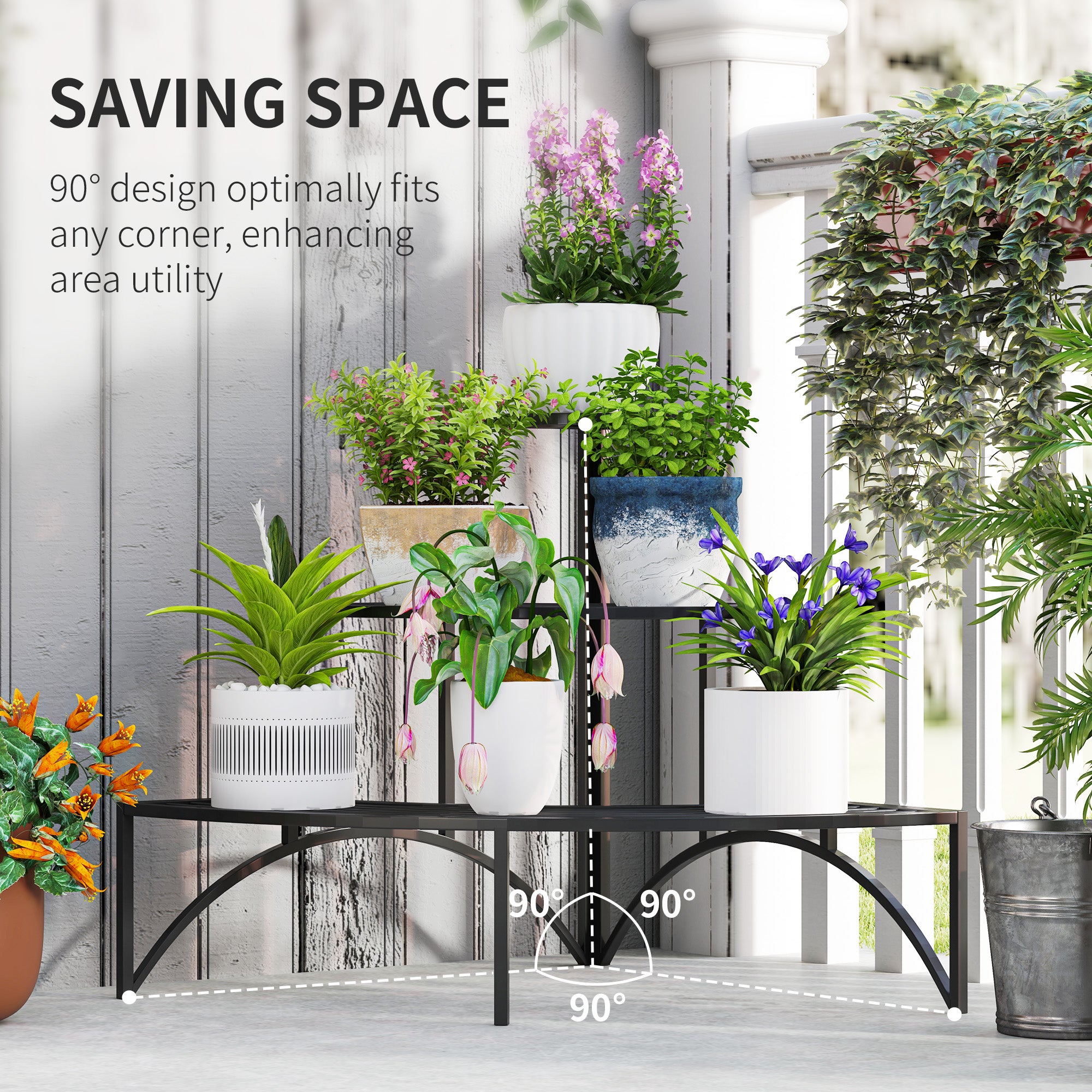 Outsunny 3 Tier Metal Corner Plant Stand for Garden Balcony Patio, Black