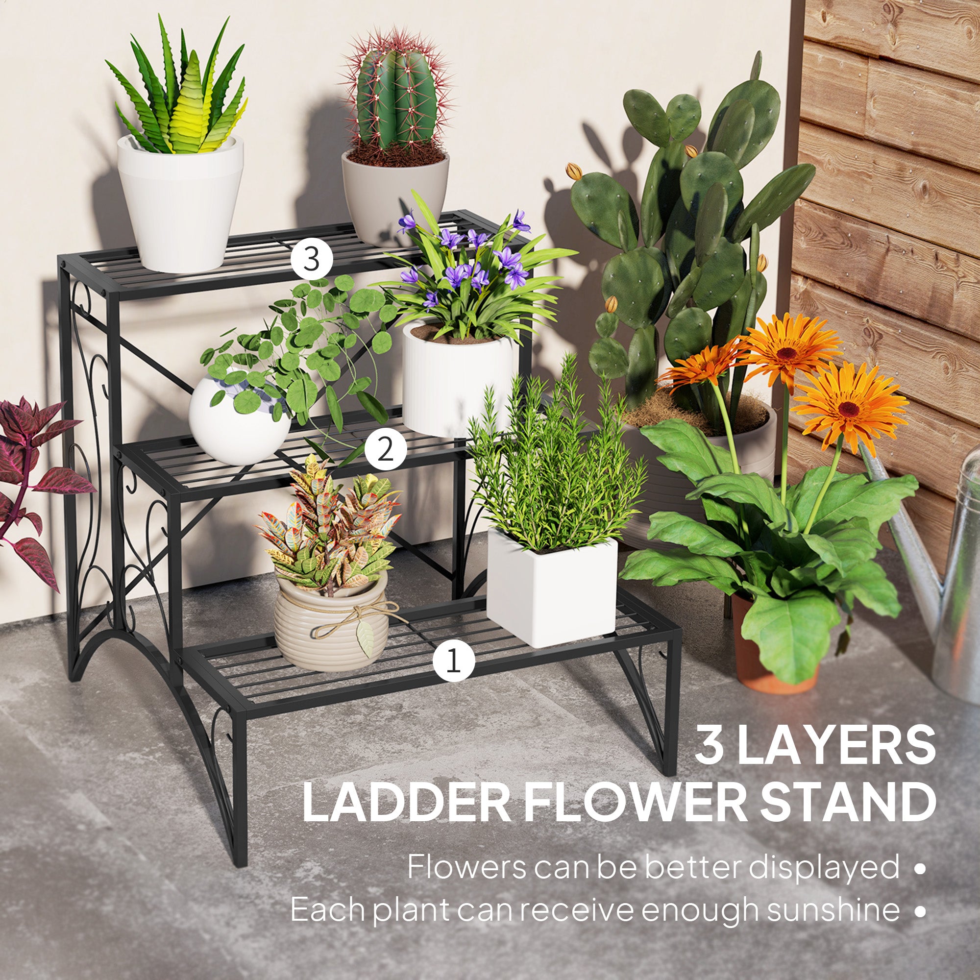 Outsunny 3-Tier Metal Plant Stand for Garden Balcony Indoor Outdoor, Black