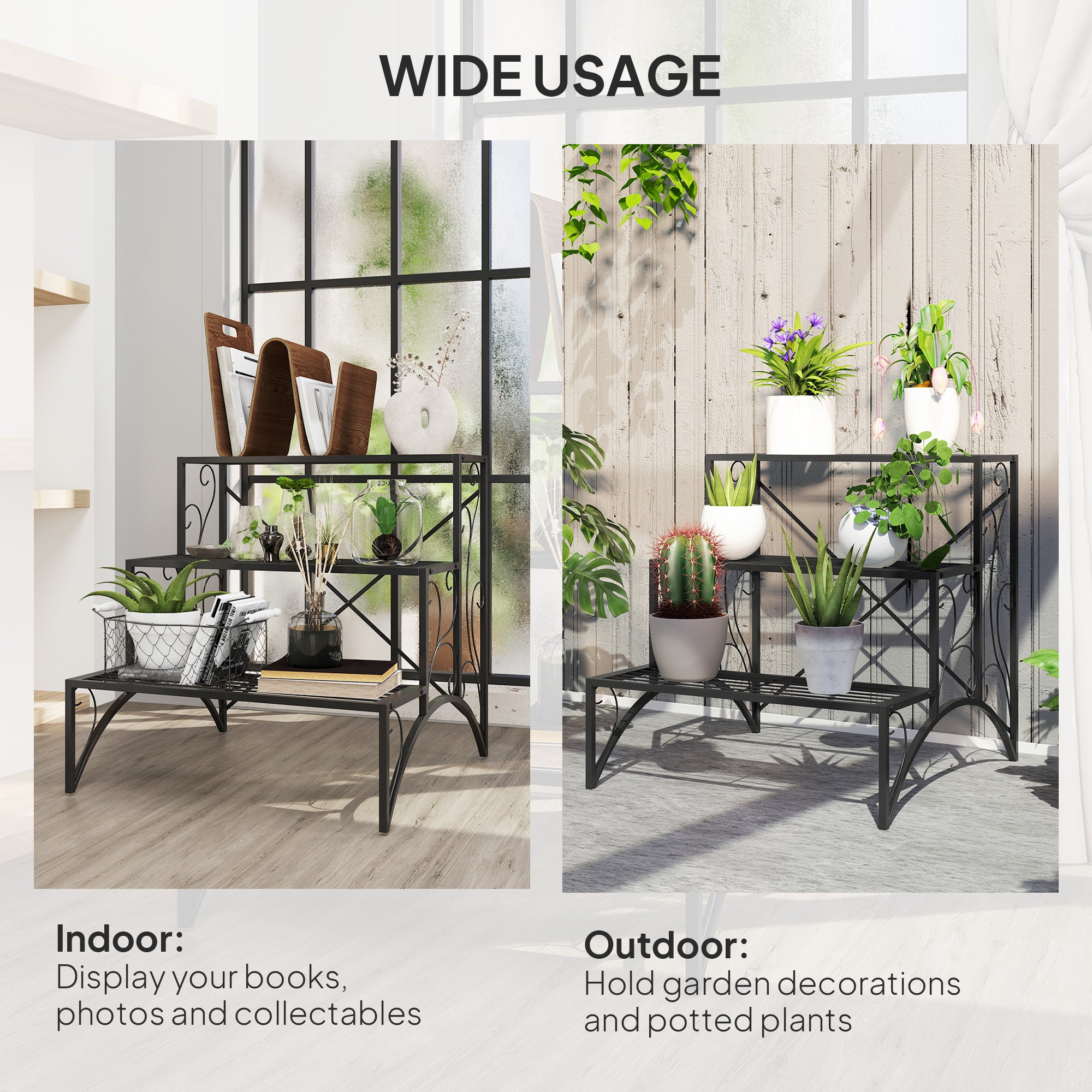 Outsunny 3-Tier Metal Plant Stand for Garden Balcony Indoor Outdoor, Black