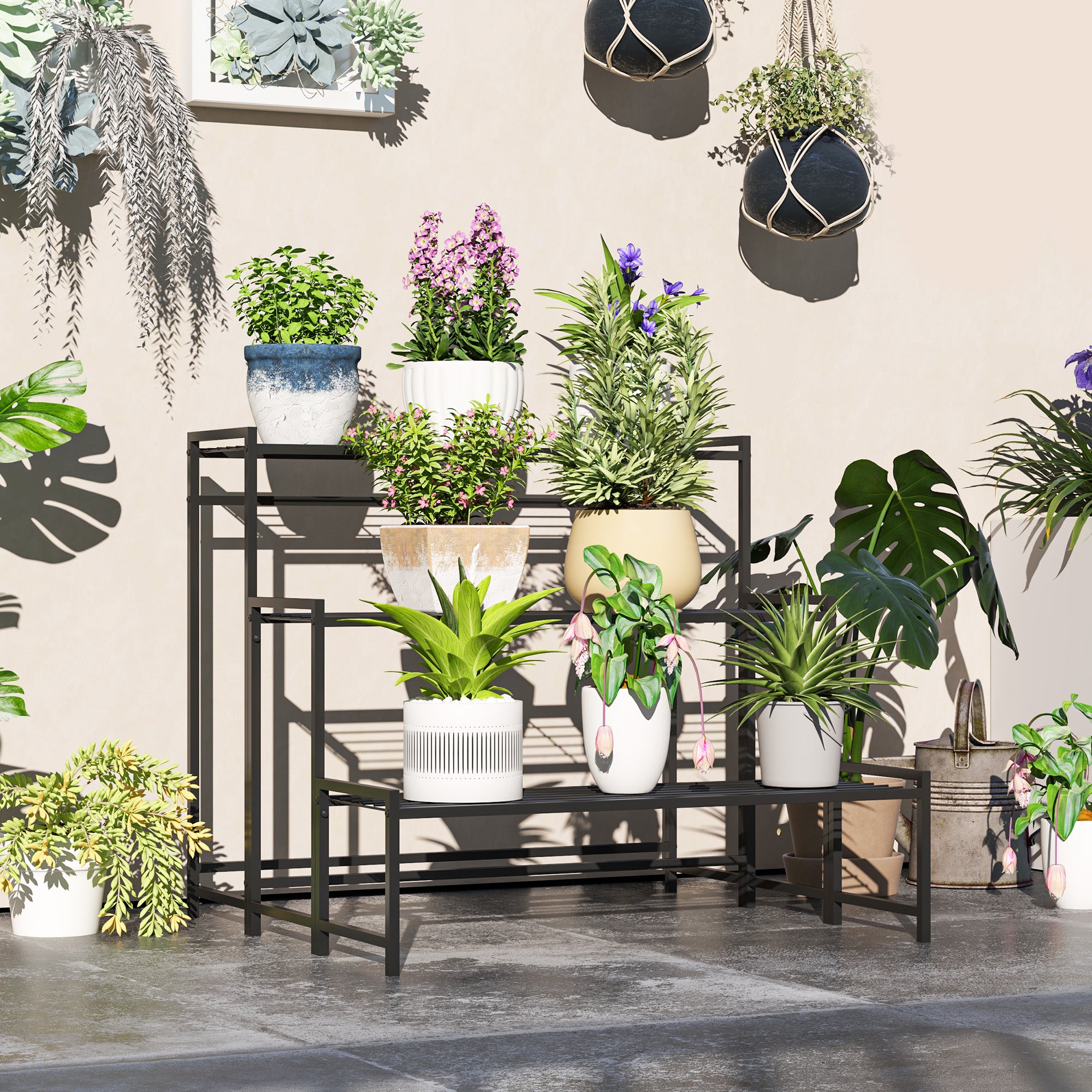 Outsunny 3-Tier Metal Plant Stand, Modern Ladder Shelf for Garden, Black