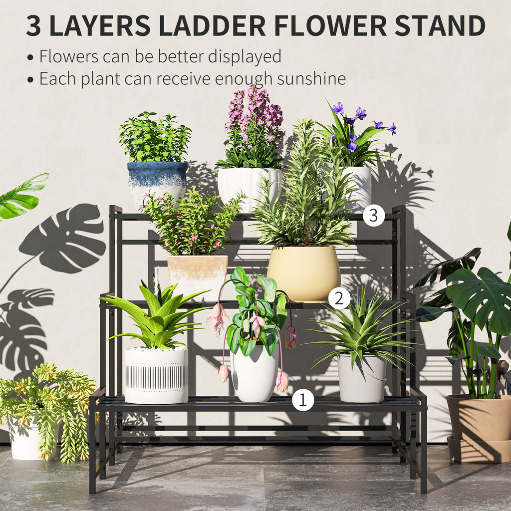 Outsunny 3-Tier Metal Plant Stand, Modern Ladder Shelf for Garden, Black