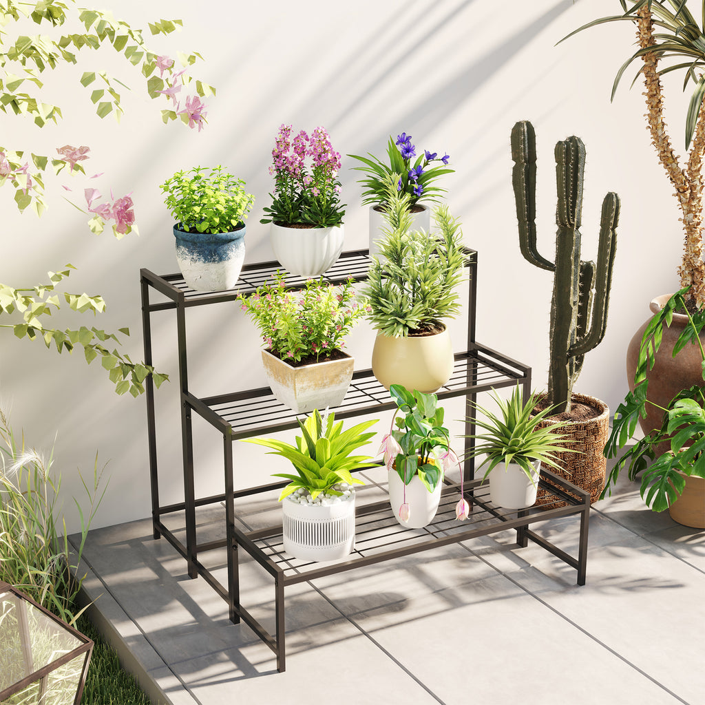 Outsunny 3-Tier Metal Plant Stand, Modern Ladder Shelf for Garden, Black