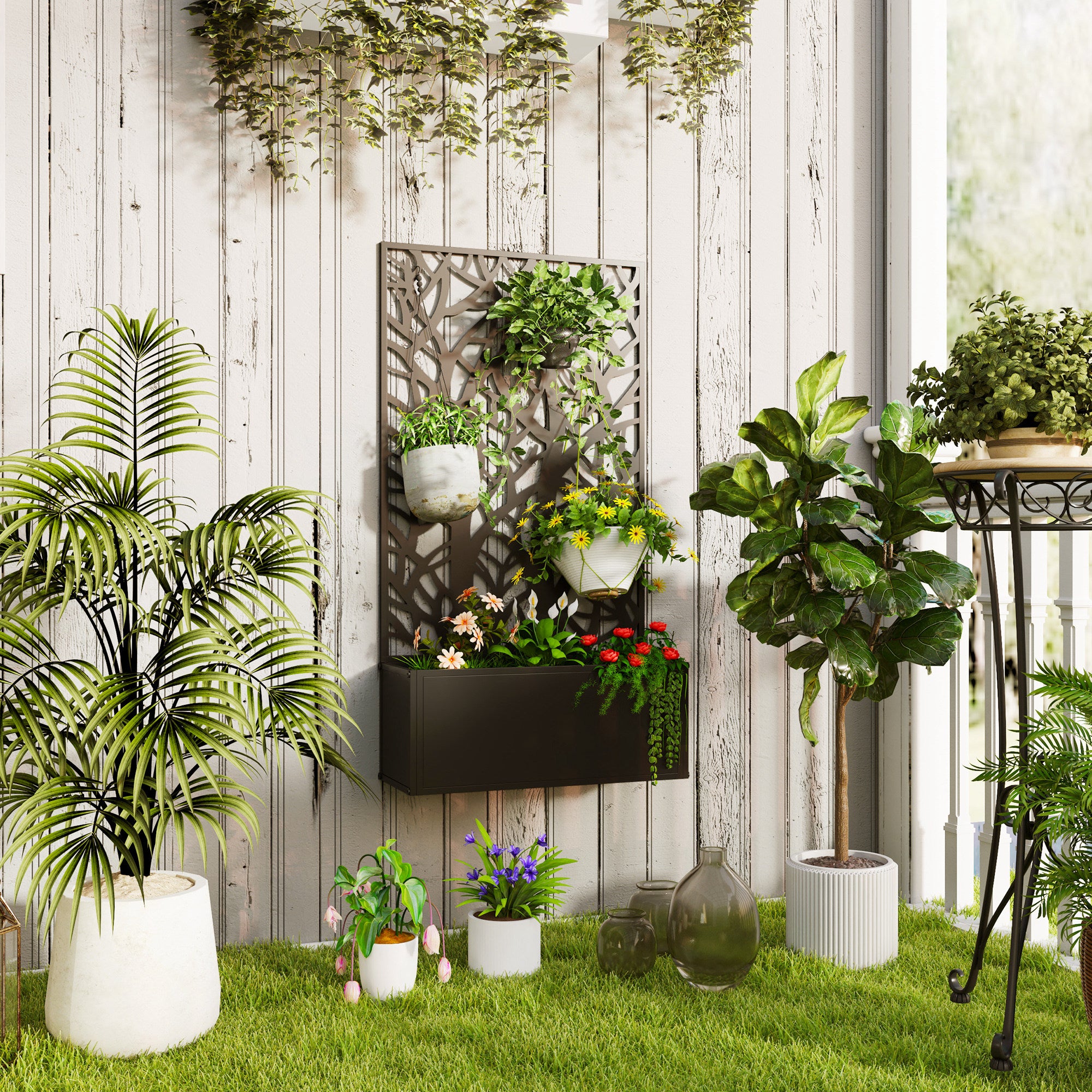 Outsunny Metal Raised Garden Bed with Trellis, Outdoor Elevated Planter Box