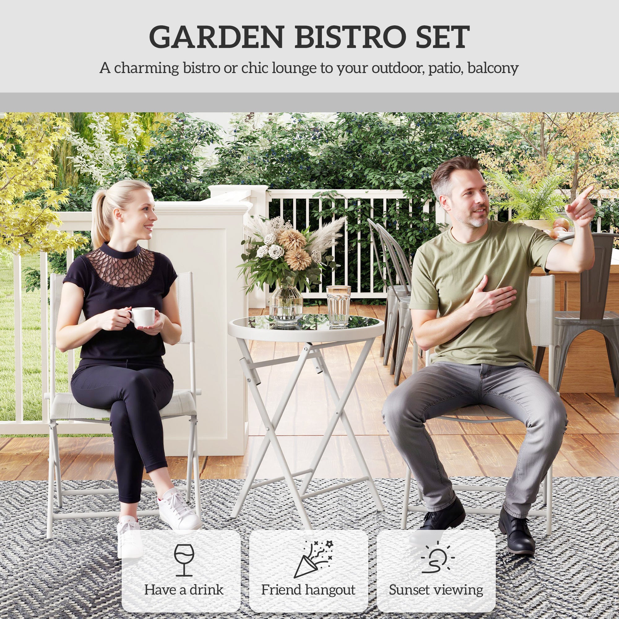 Outsunny 3 Pieces Outdoor Bistro Set, Glass Top Table and Chairs, White