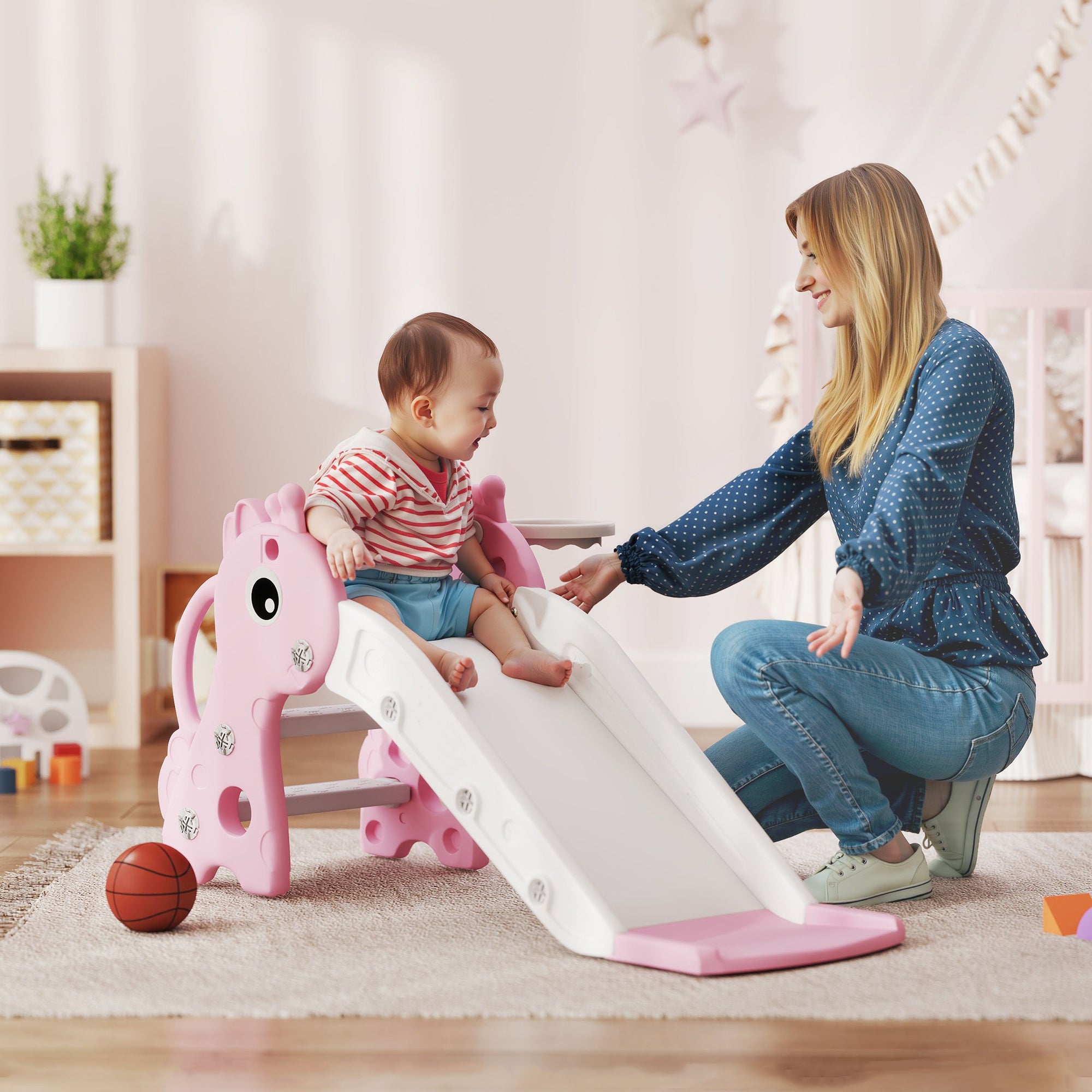 AIYAPLAY 3 in 1 Kids Slide with Climber, Basketball Hoop and Ball, Pink