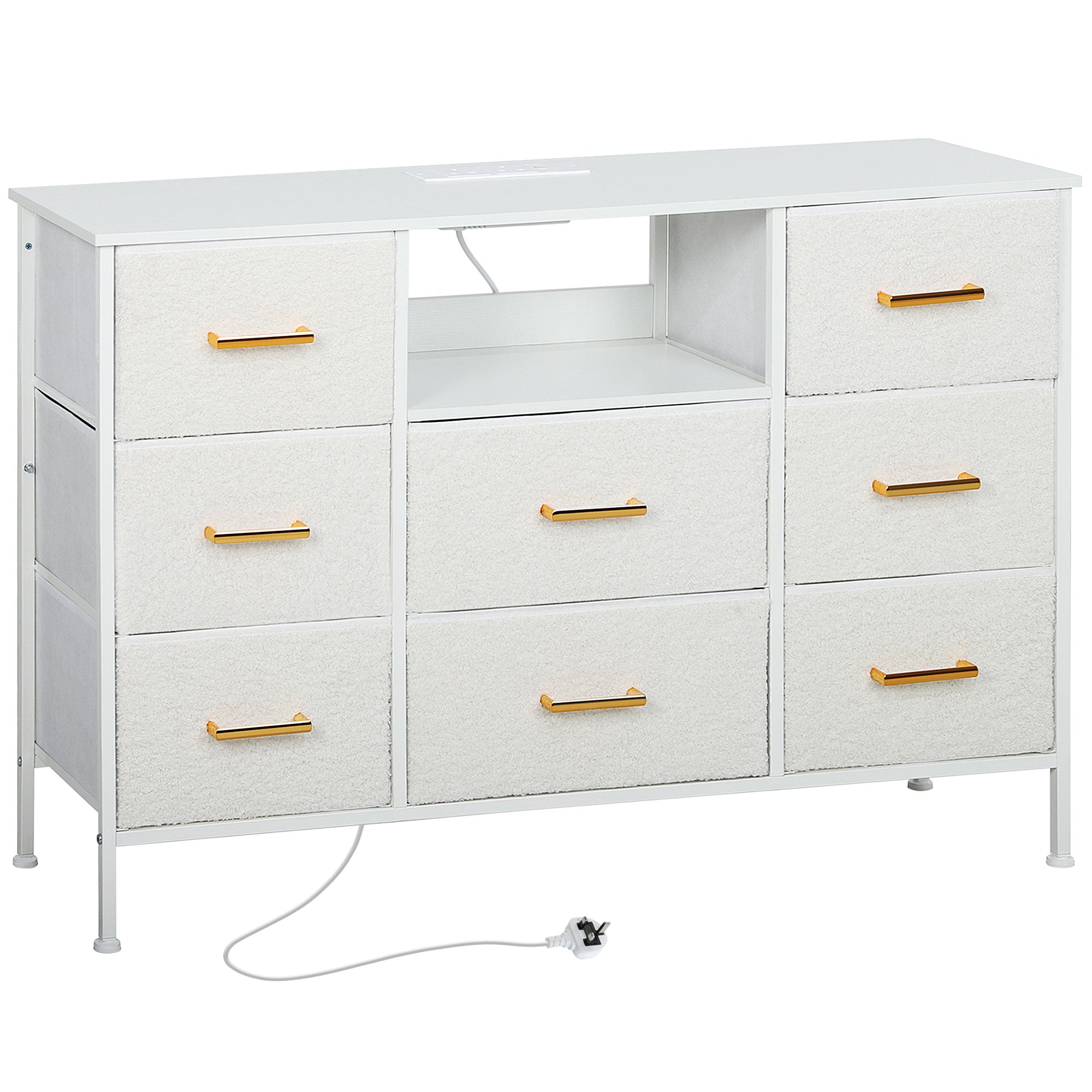 HOMCOM Boucle Chest of Drawers, 2 USB & 2 AC Ports, 8 Drawers Dresser