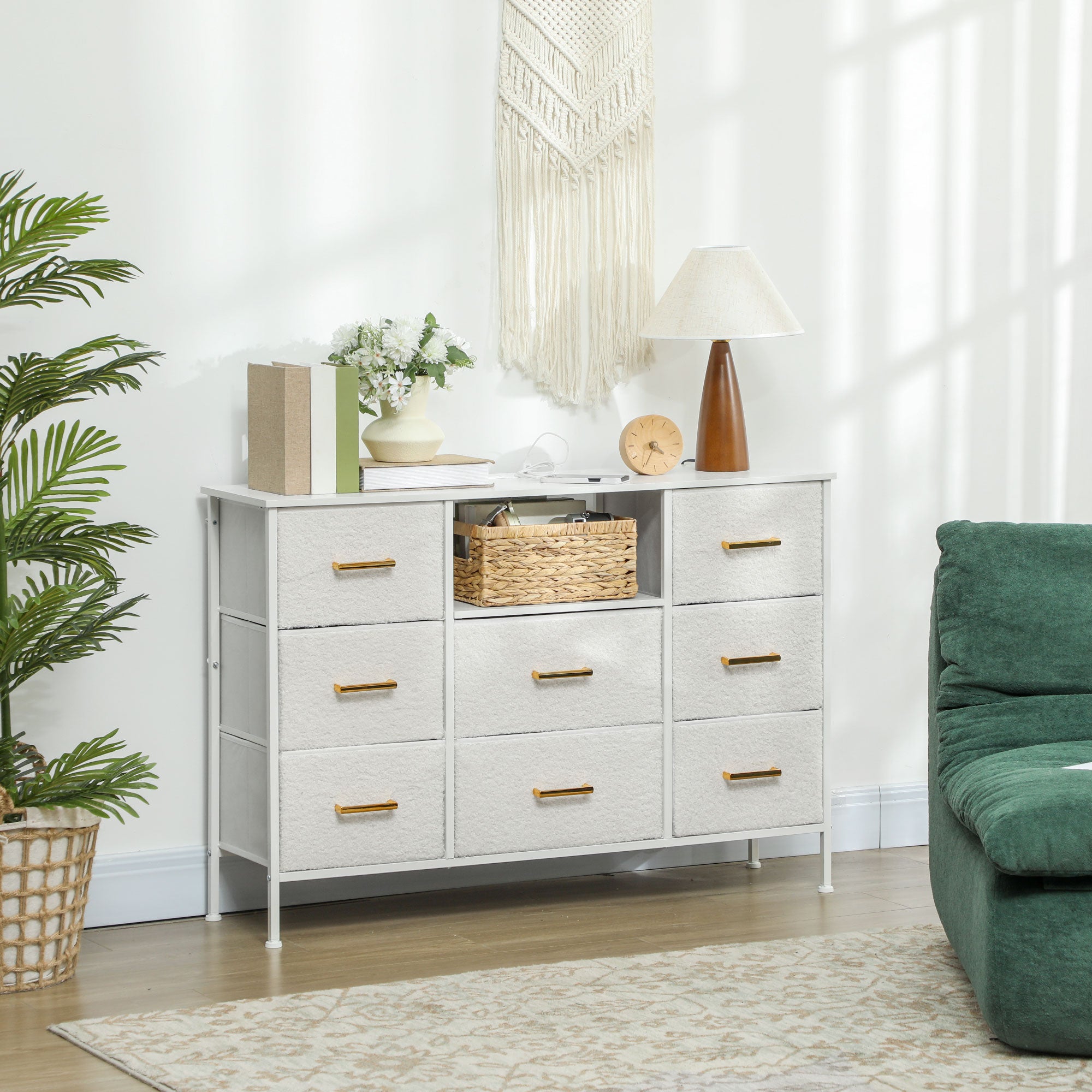 HOMCOM Boucle Chest of Drawers, 2 USB & 2 AC Ports, 8 Drawers Dresser