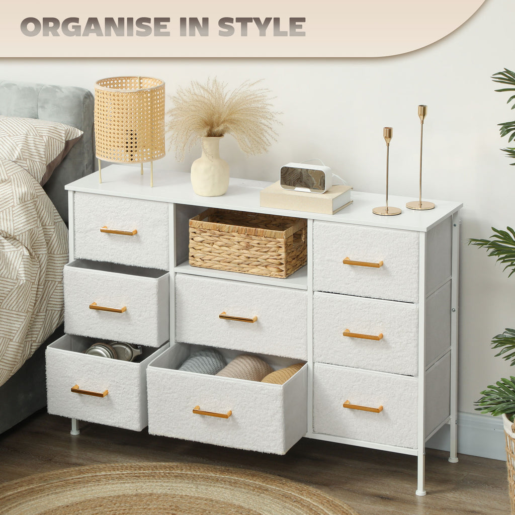 HOMCOM Boucle Chest of Drawers, 2 USB & 2 AC Ports, 8 Drawers Dresser