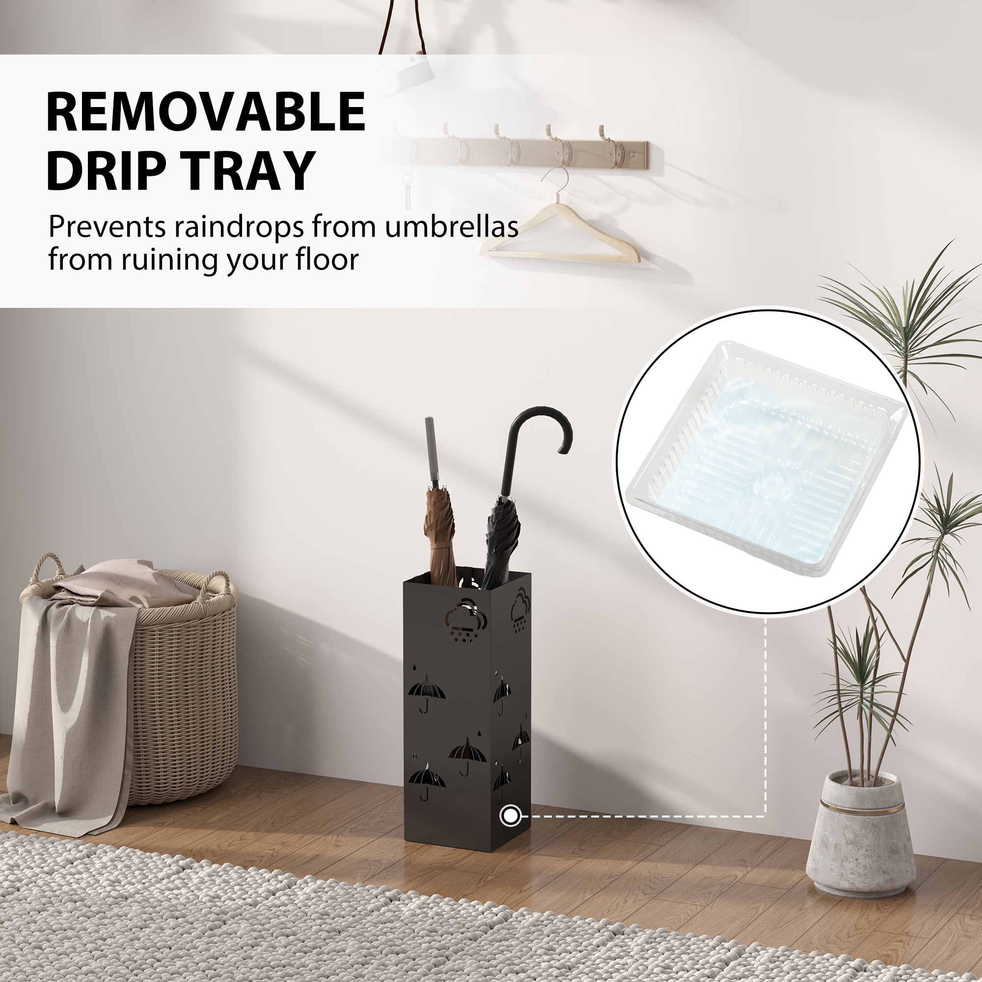 HOMCOM Decorative Umbrella Holder with Drip Tray 4 Hooks for Entryway Black