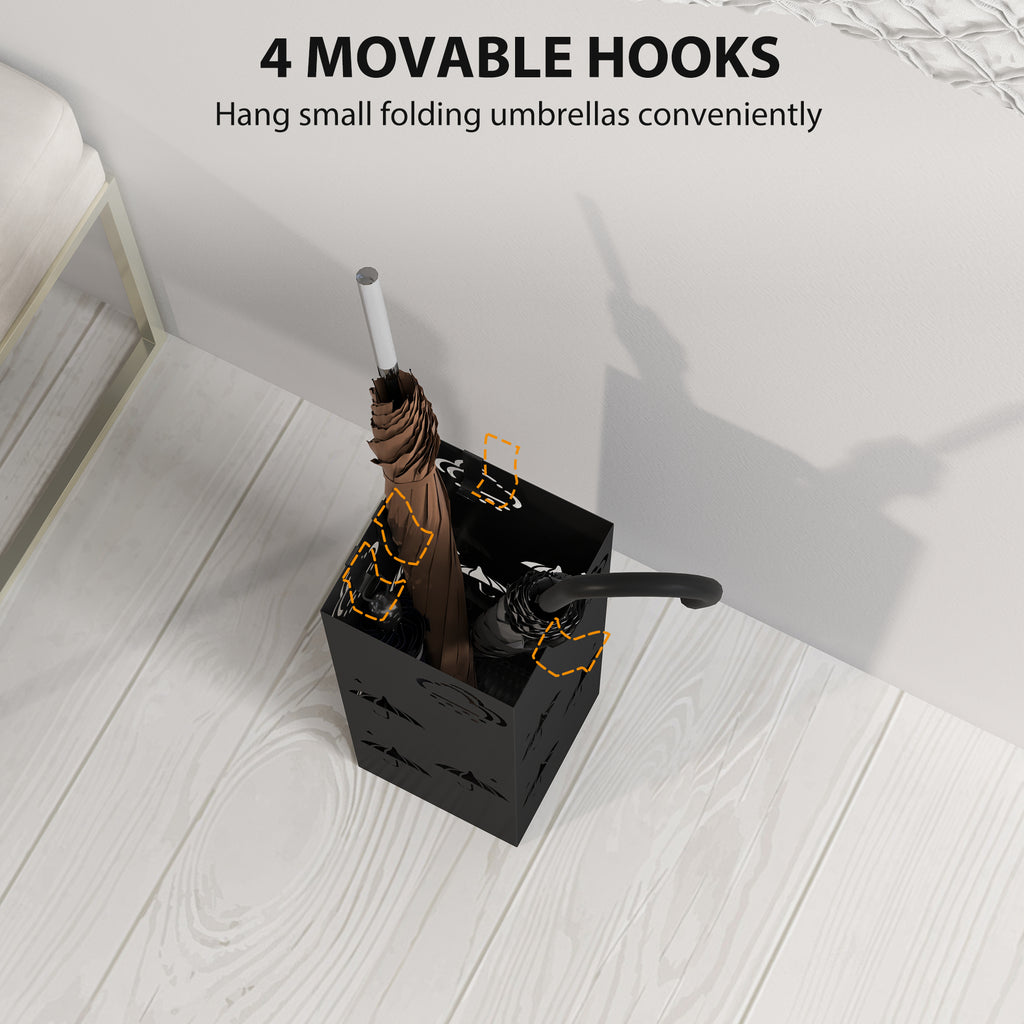 HOMCOM Decorative Umbrella Holder with Drip Tray 4 Hooks for Entryway Black