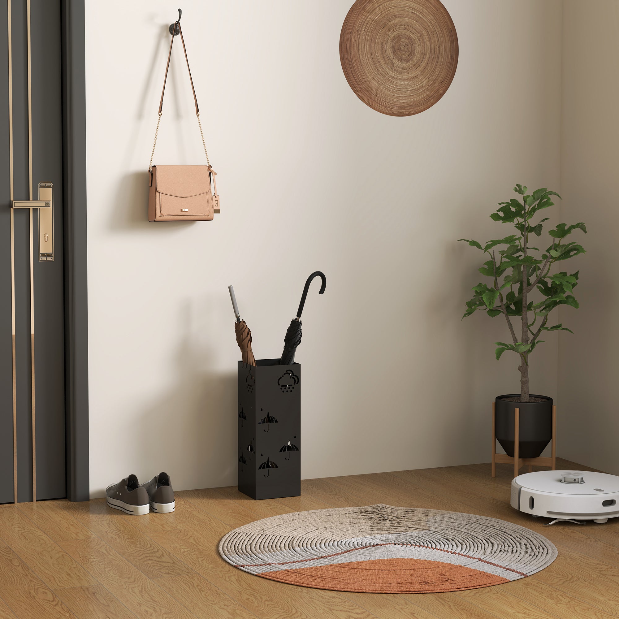HOMCOM Decorative Umbrella Holder with Drip Tray 4 Hooks for Entryway Black