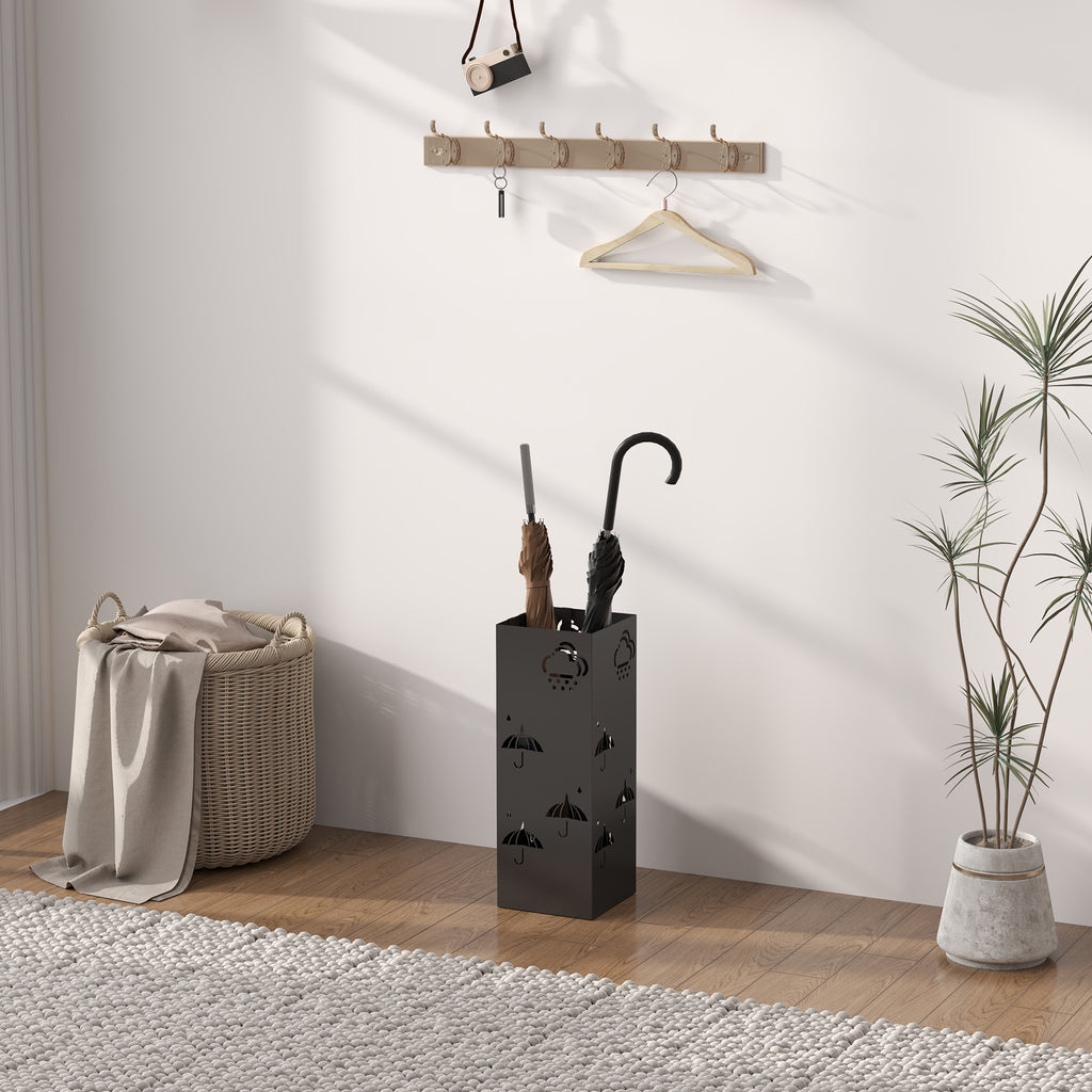 HOMCOM Decorative Umbrella Holder with Drip Tray 4 Hooks for Entryway Black