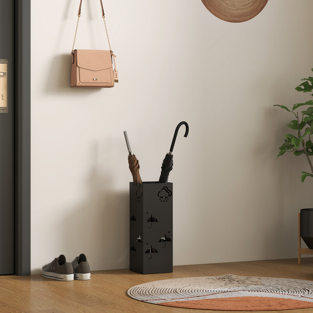 HOMCOM Decorative Umbrella Holder with Drip Tray 4 Hooks for Entryway Black