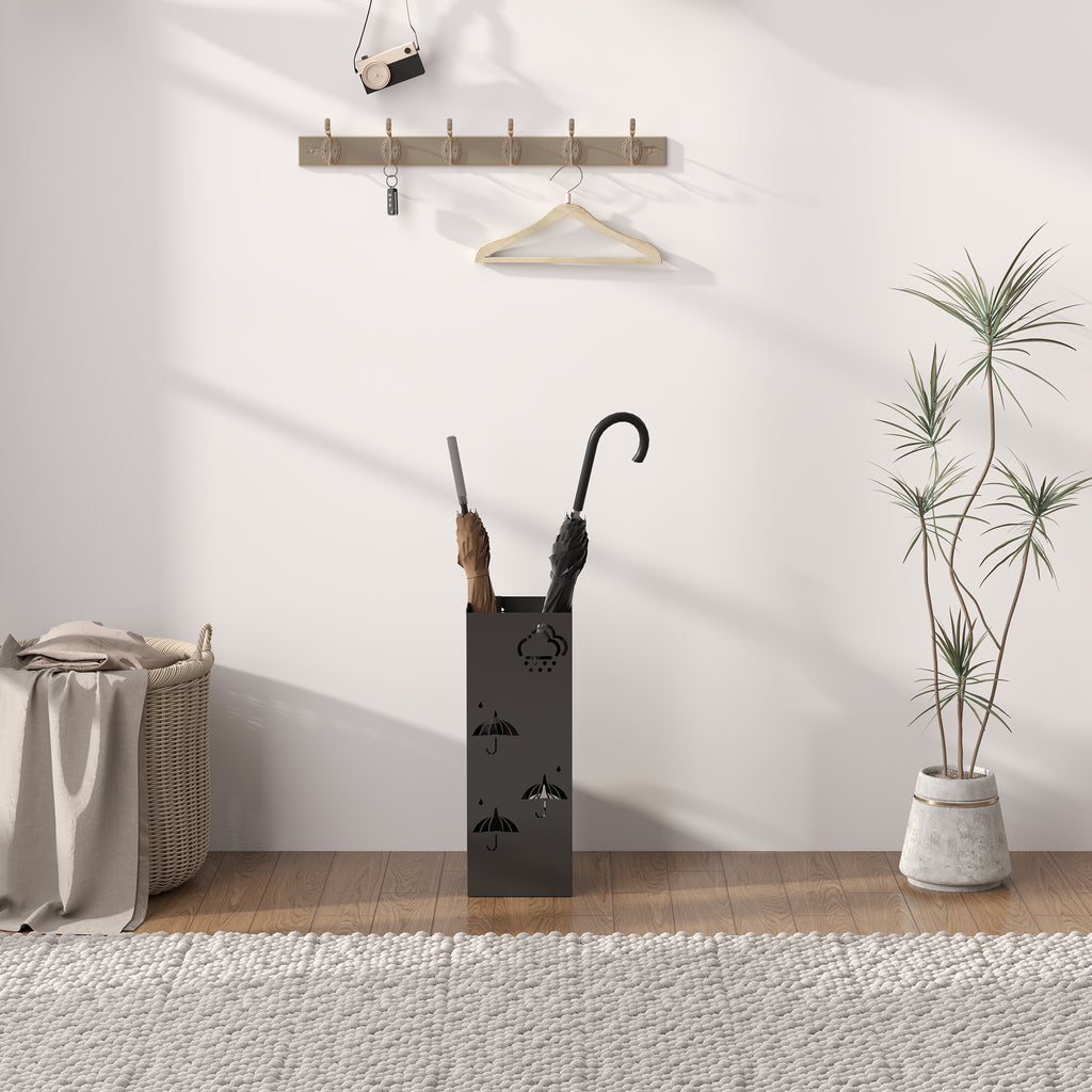 HOMCOM Decorative Umbrella Holder with Drip Tray 4 Hooks for Entryway Black