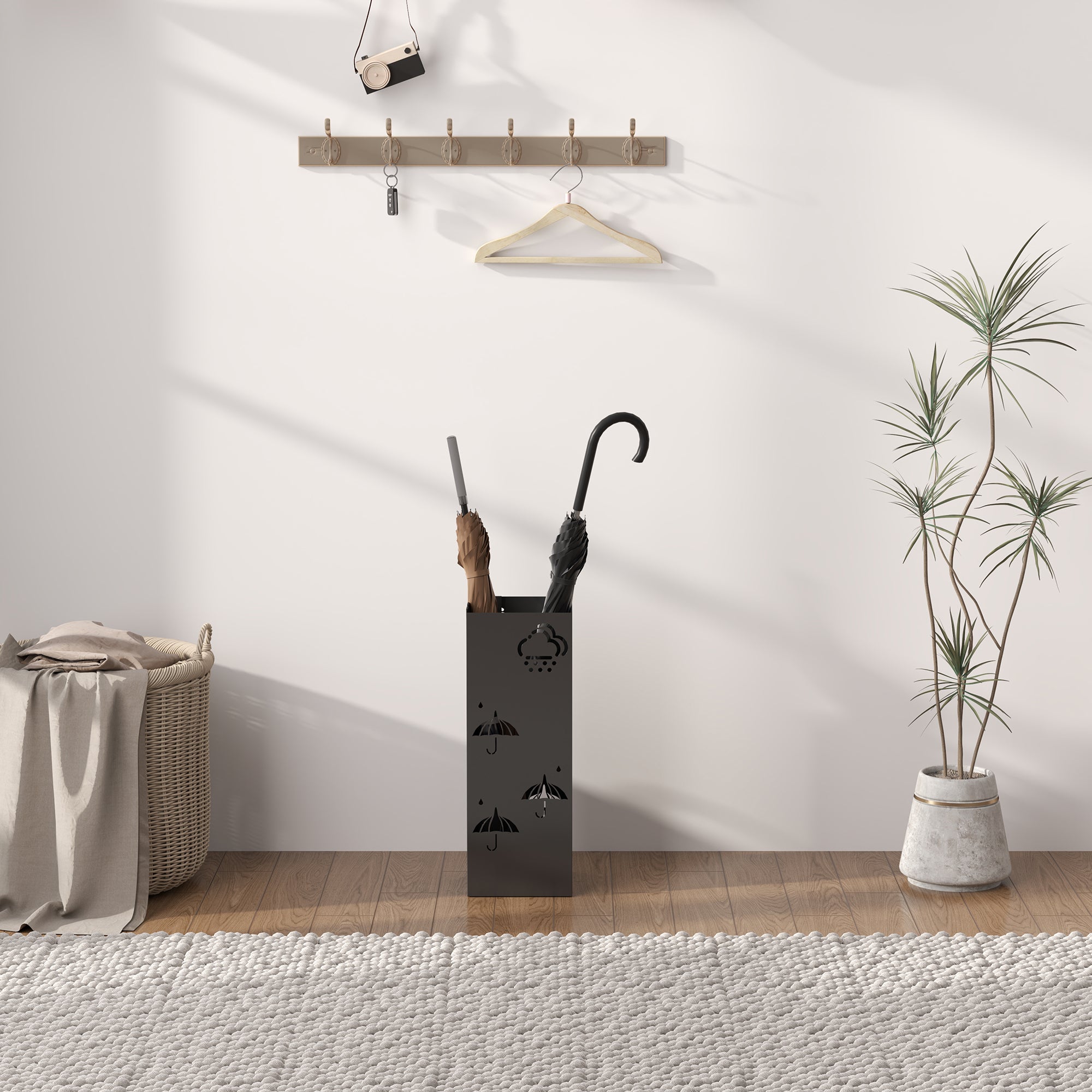 HOMCOM Decorative Umbrella Holder with Drip Tray 4 Hooks for Entryway Black