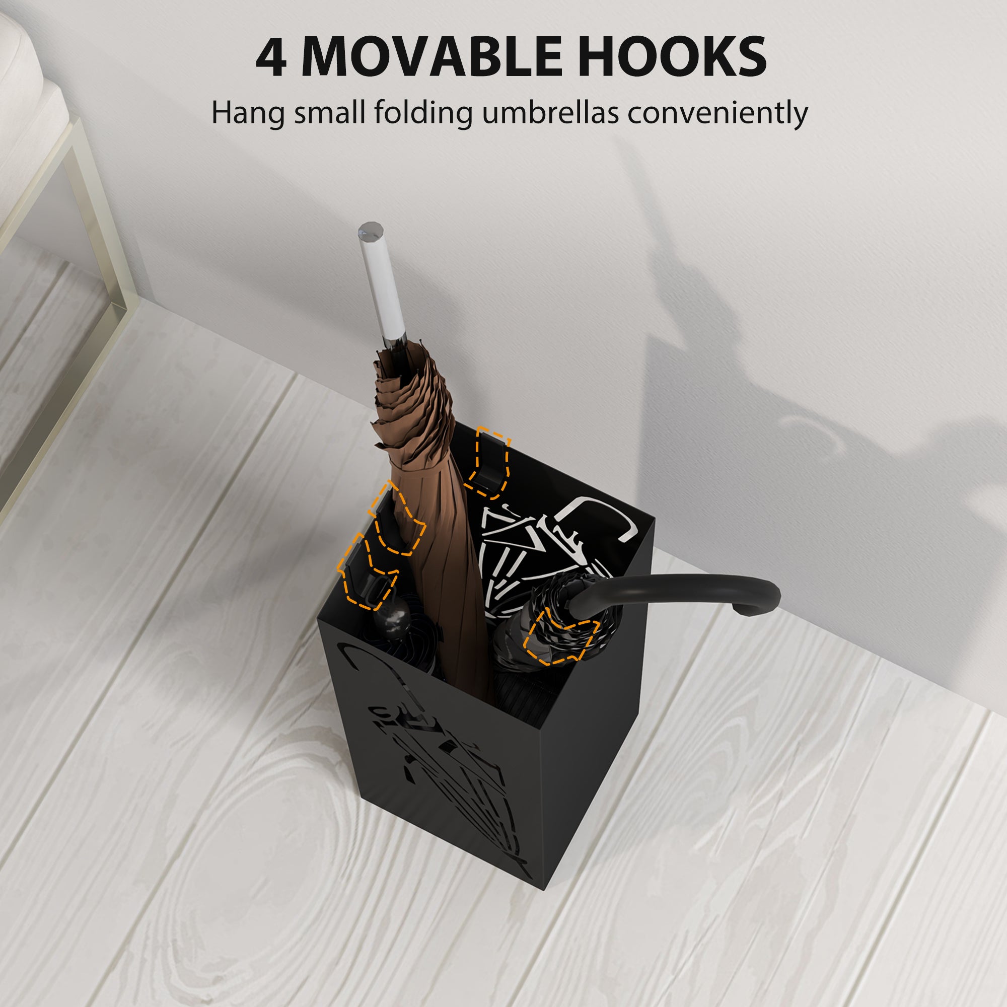 HOMCOM Square Umbrella Holder with Hooks and Water Tray for Entryway Black