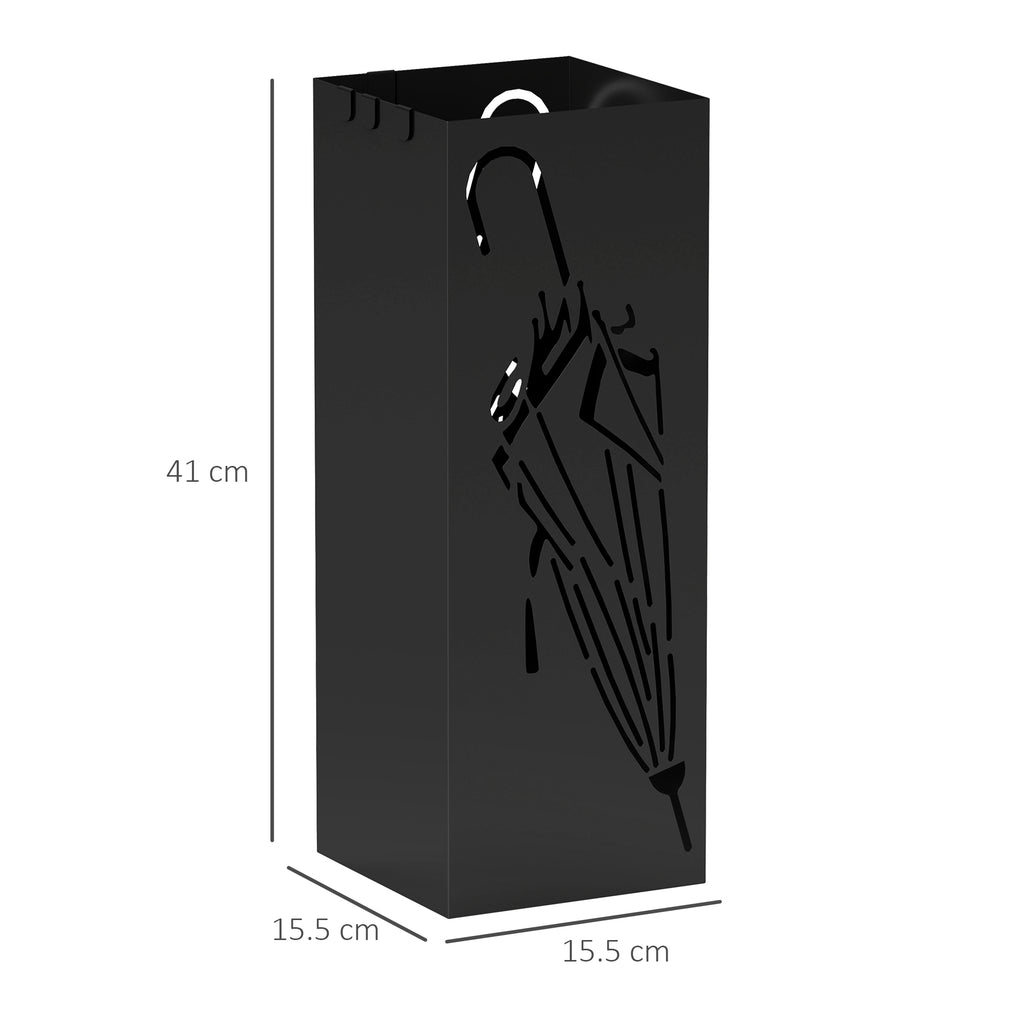 HOMCOM Square Umbrella Holder with Hooks and Water Tray for Entryway Black