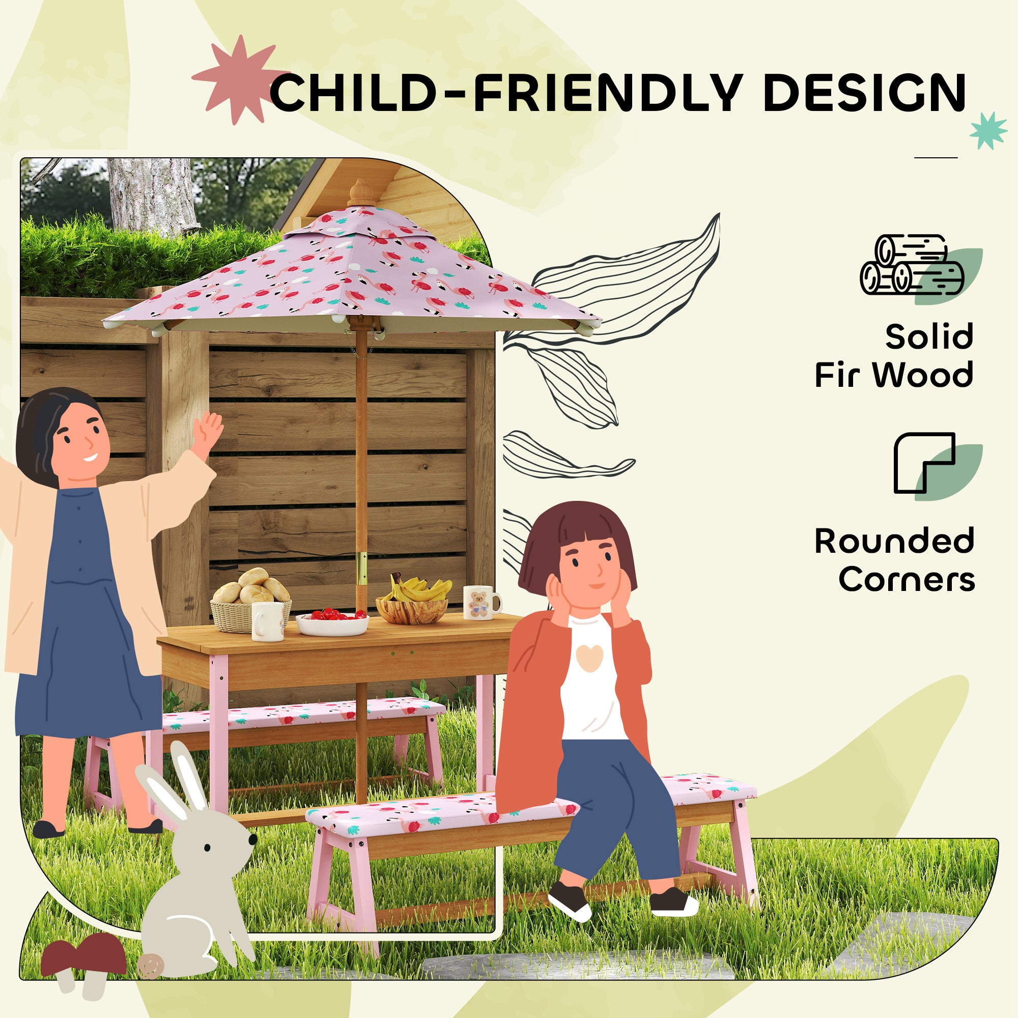 AIYAPLAY Kids Picnic Table, Wooden Children Garden Table and Bench Set, Pink