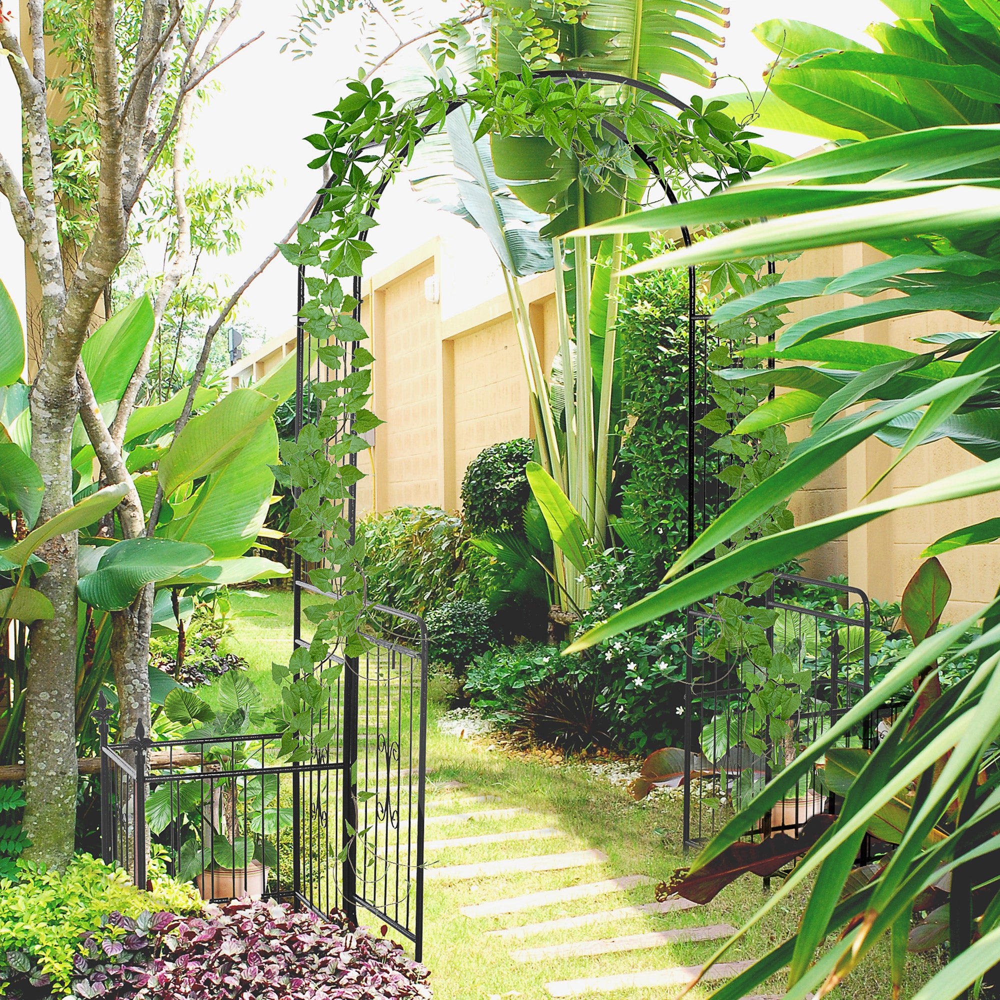 Outsunny Metal Garden Arbor Arch Gate w/ 2 Side Planter Boxes & Vine Frame