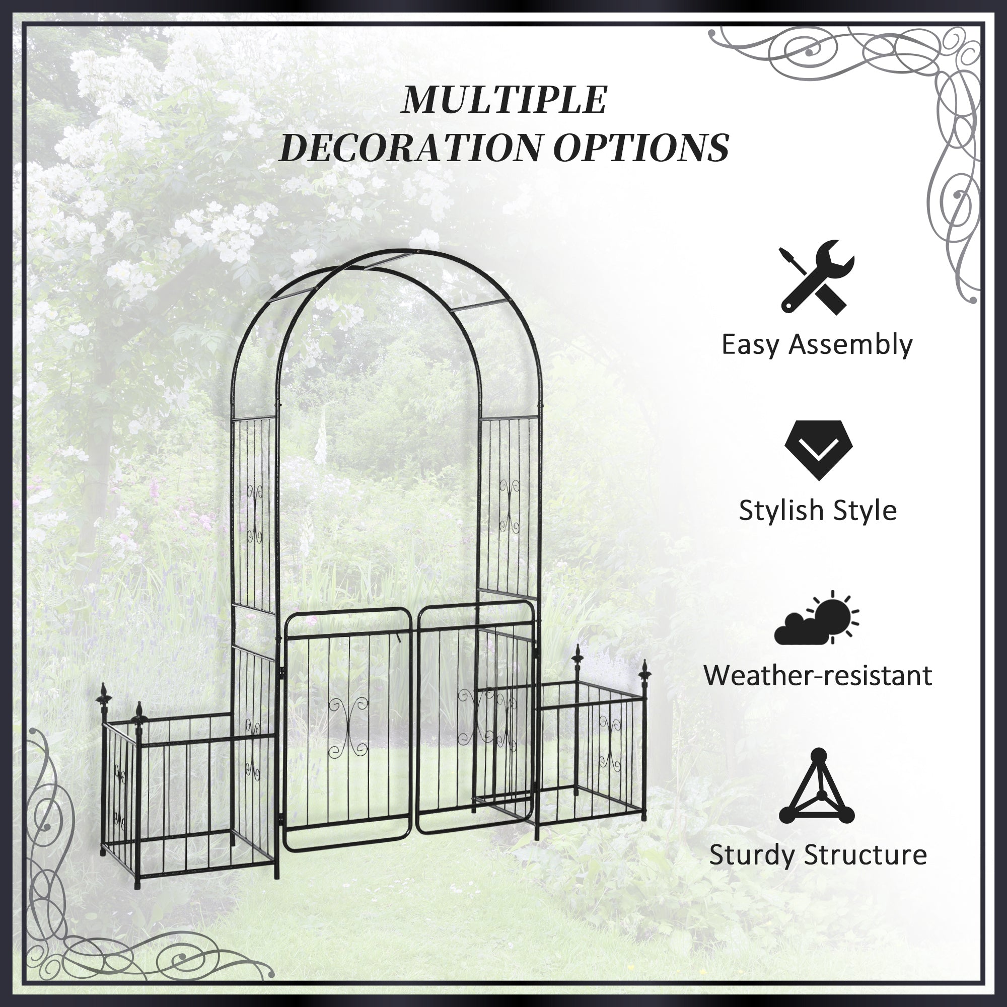 Outsunny Metal Garden Arbor Arch Gate w/ 2 Side Planter Boxes & Vine Frame