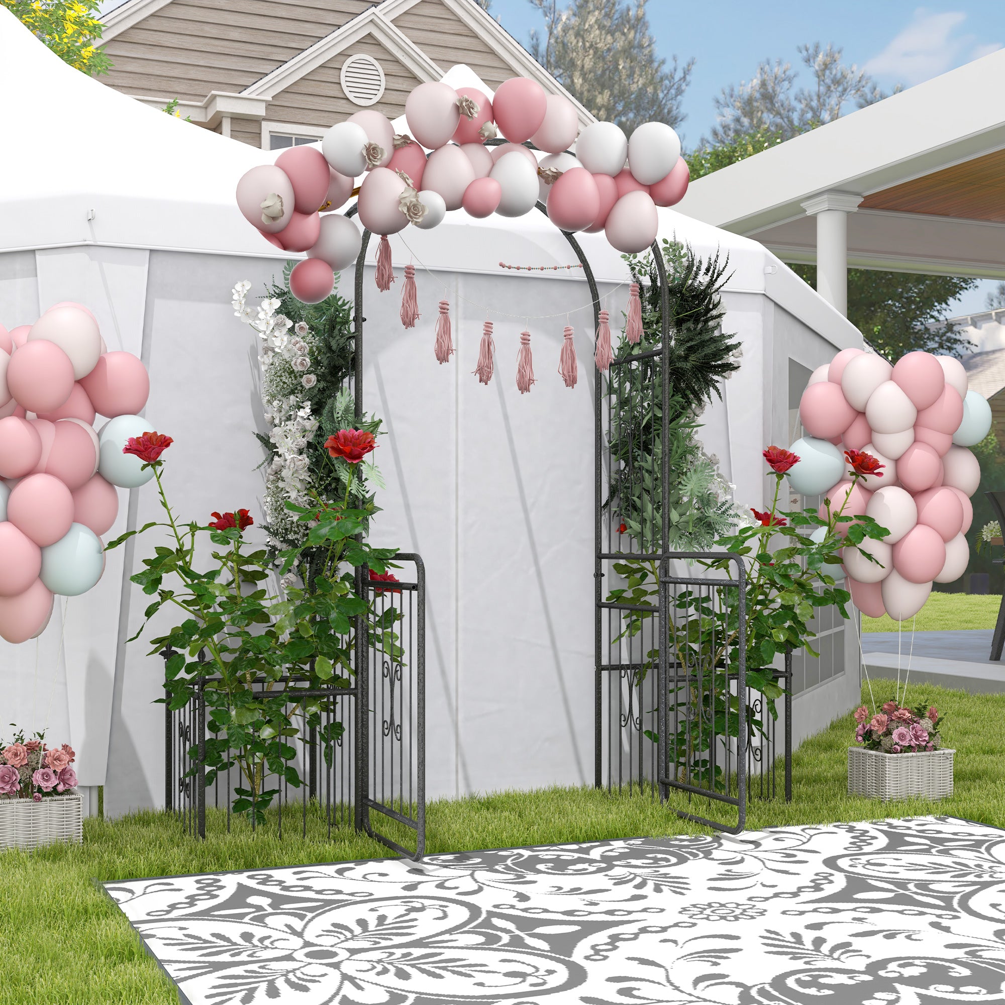 Outsunny Metal Garden Arbor Arch Gate w/ 2 Side Planter Boxes & Vine Frame