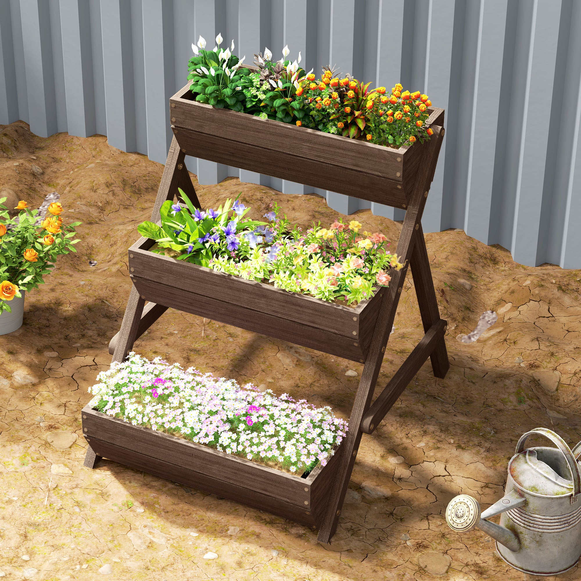 Outsunny 3 Tier Raised Garden Bed Wooden Elevated Planter Box Kit, Tan