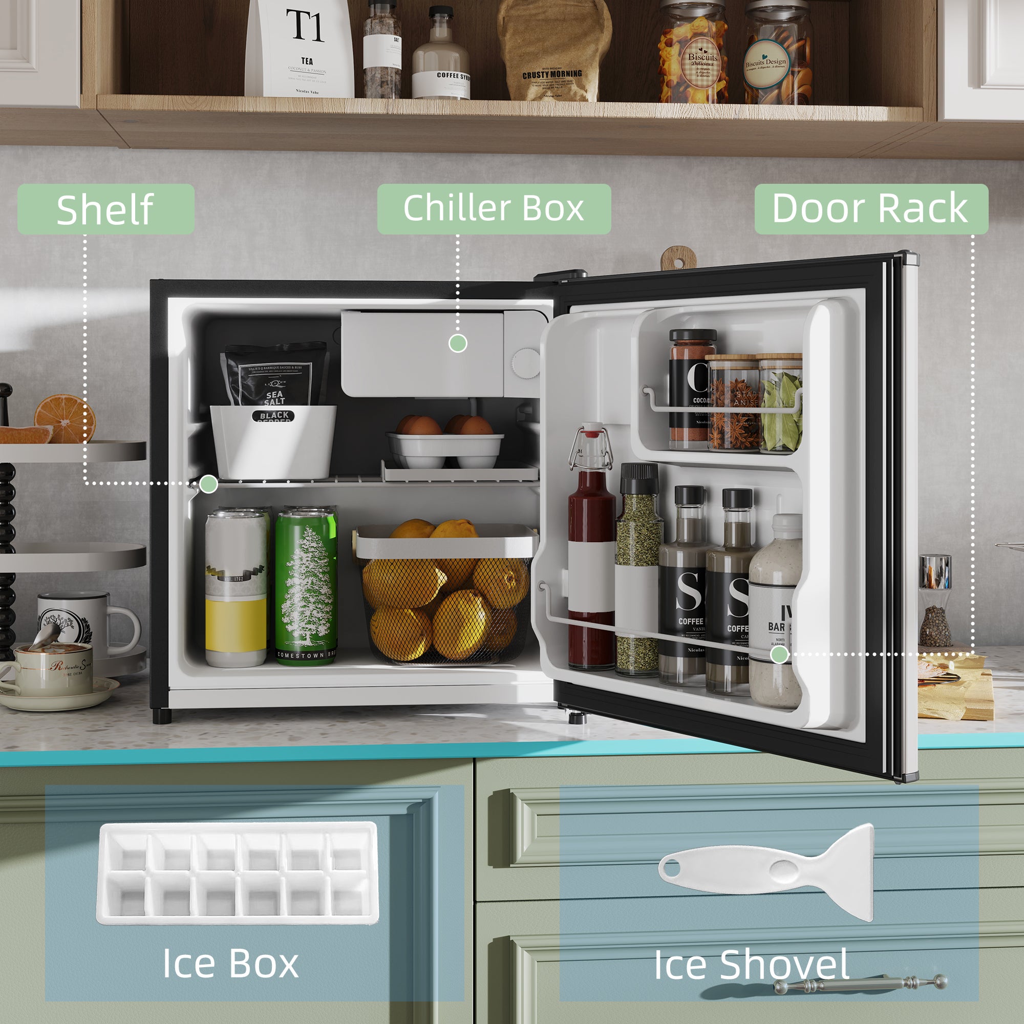 HOMCOM 46L Counter Top Fridge with Chiller Box Mini Fridge for Bedrooms Silver