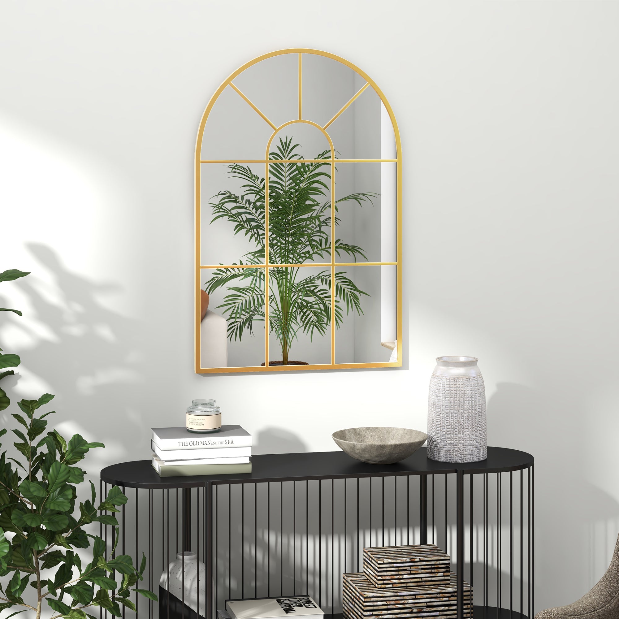 HOMCOM Modern Arched Window Wall Mirror for Bedroom, 91x60cm, Gold Tone