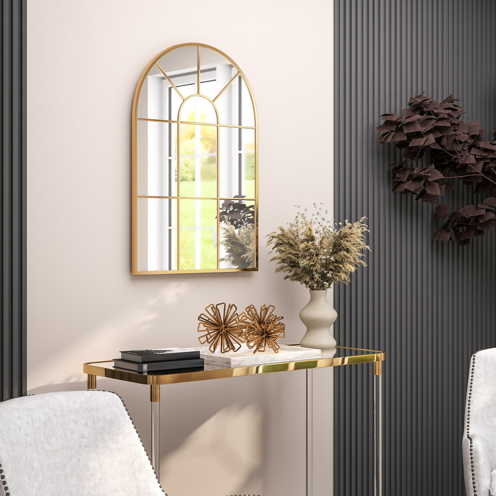 HOMCOM Modern Arched Window Wall Mirror for Bedroom, 91x60cm, Gold Tone