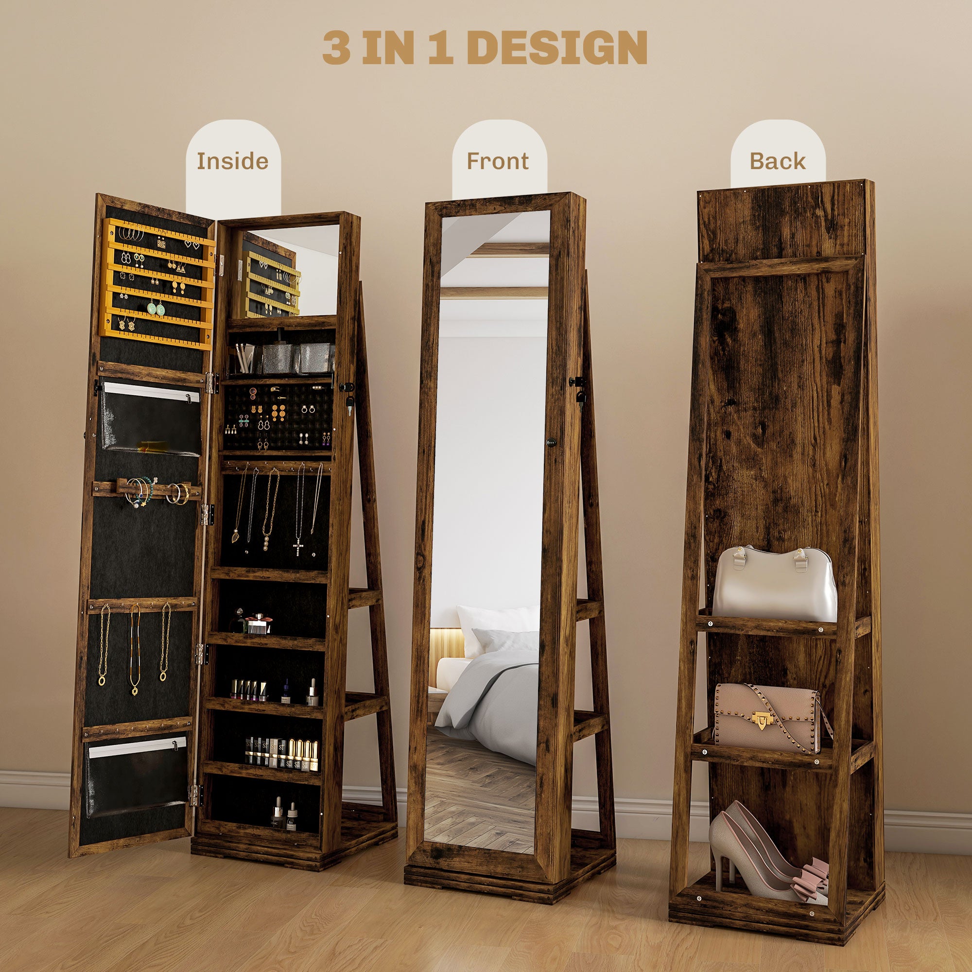 HOMCOM Jewelry Cabinet Full Length Mirror Swivel Lockable Jewelry Organiser