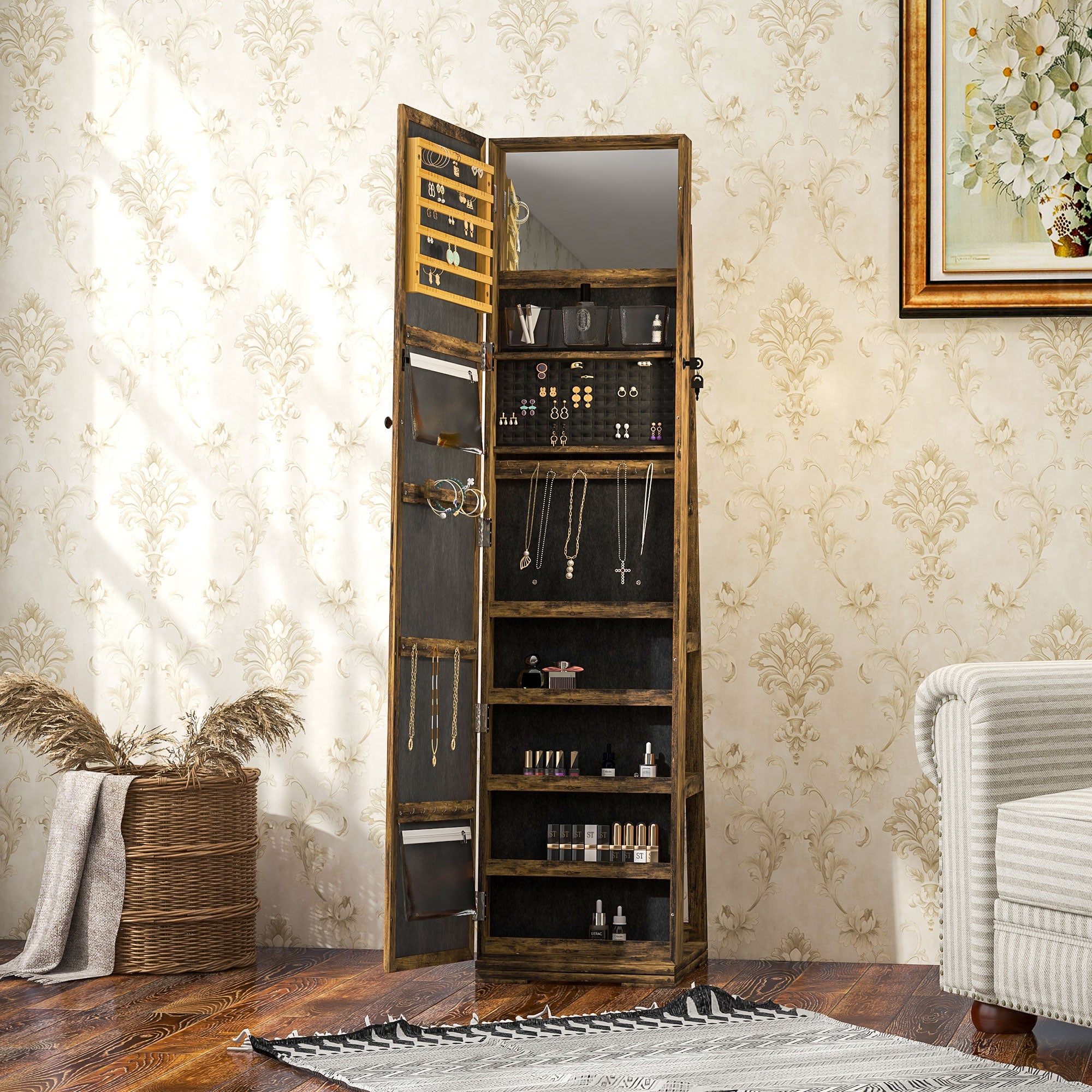 HOMCOM Jewelry Cabinet Full Length Mirror Swivel Lockable Jewelry Organiser
