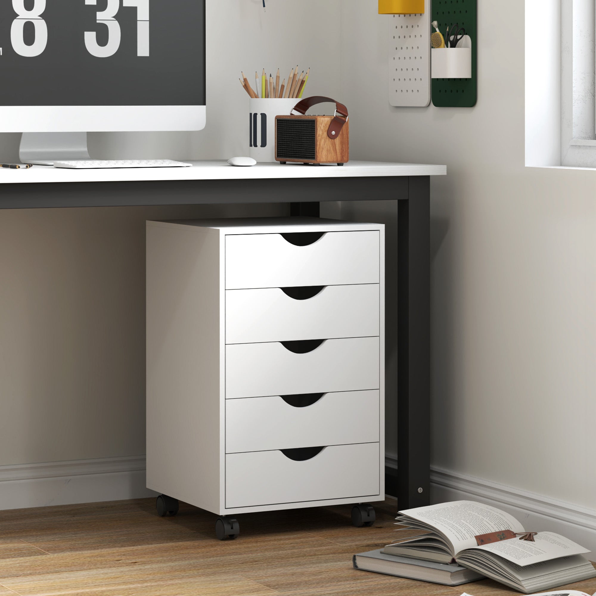 HOMCOM Mobile Vertical Filing Cabinet with 5 Drawers for Home Office, White