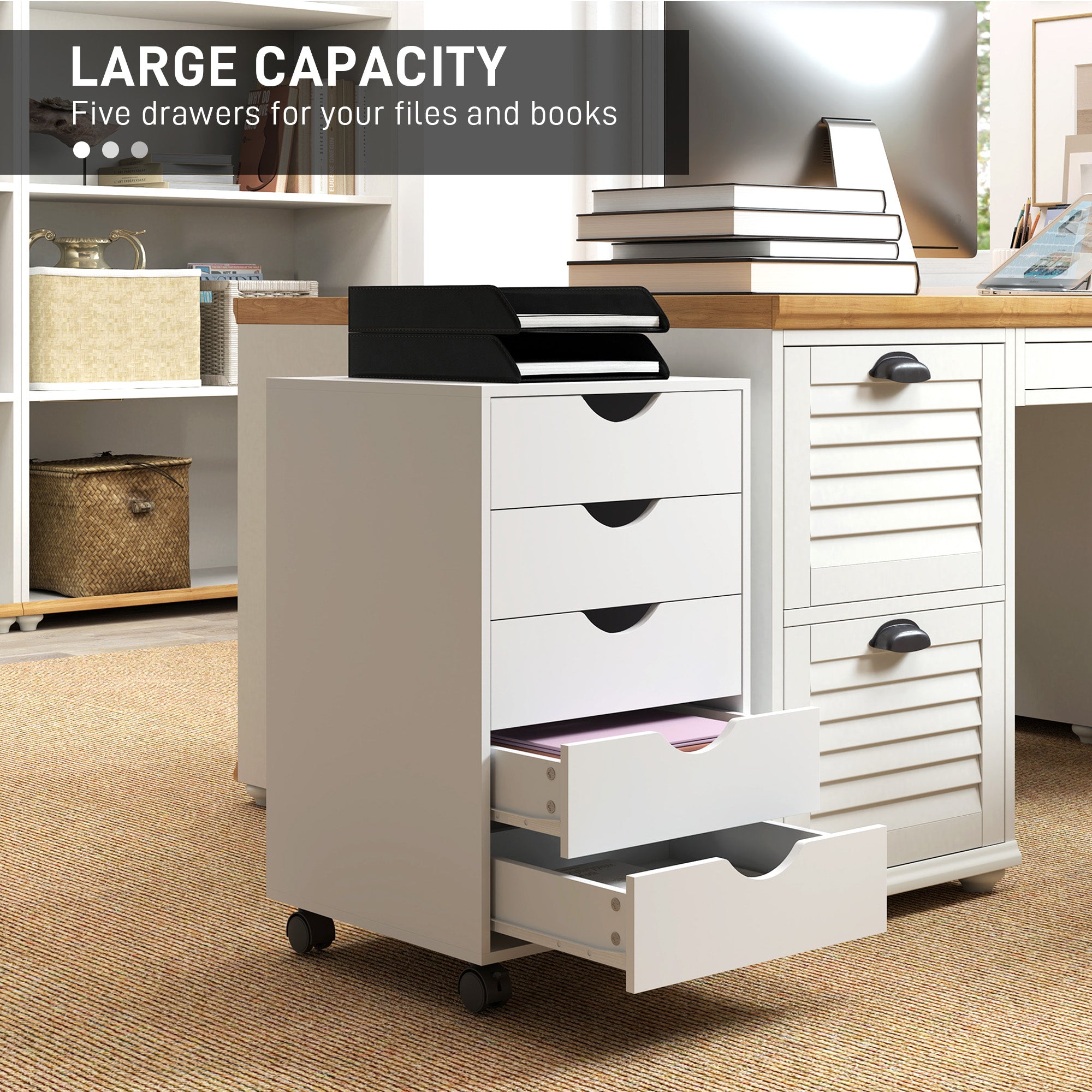 HOMCOM Mobile Vertical Filing Cabinet with 5 Drawers for Home Office, White
