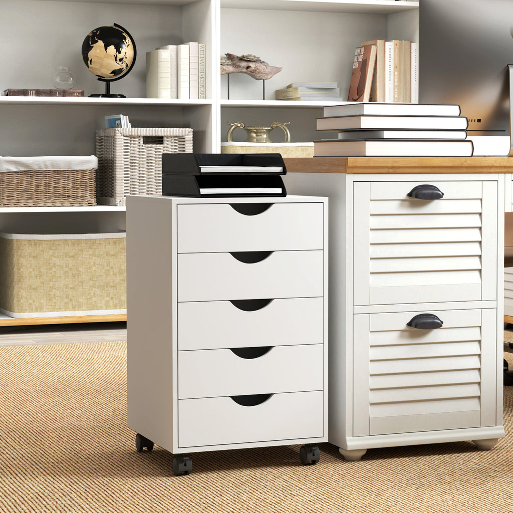 HOMCOM Mobile Vertical Filing Cabinet with 5 Drawers for Home Office, White