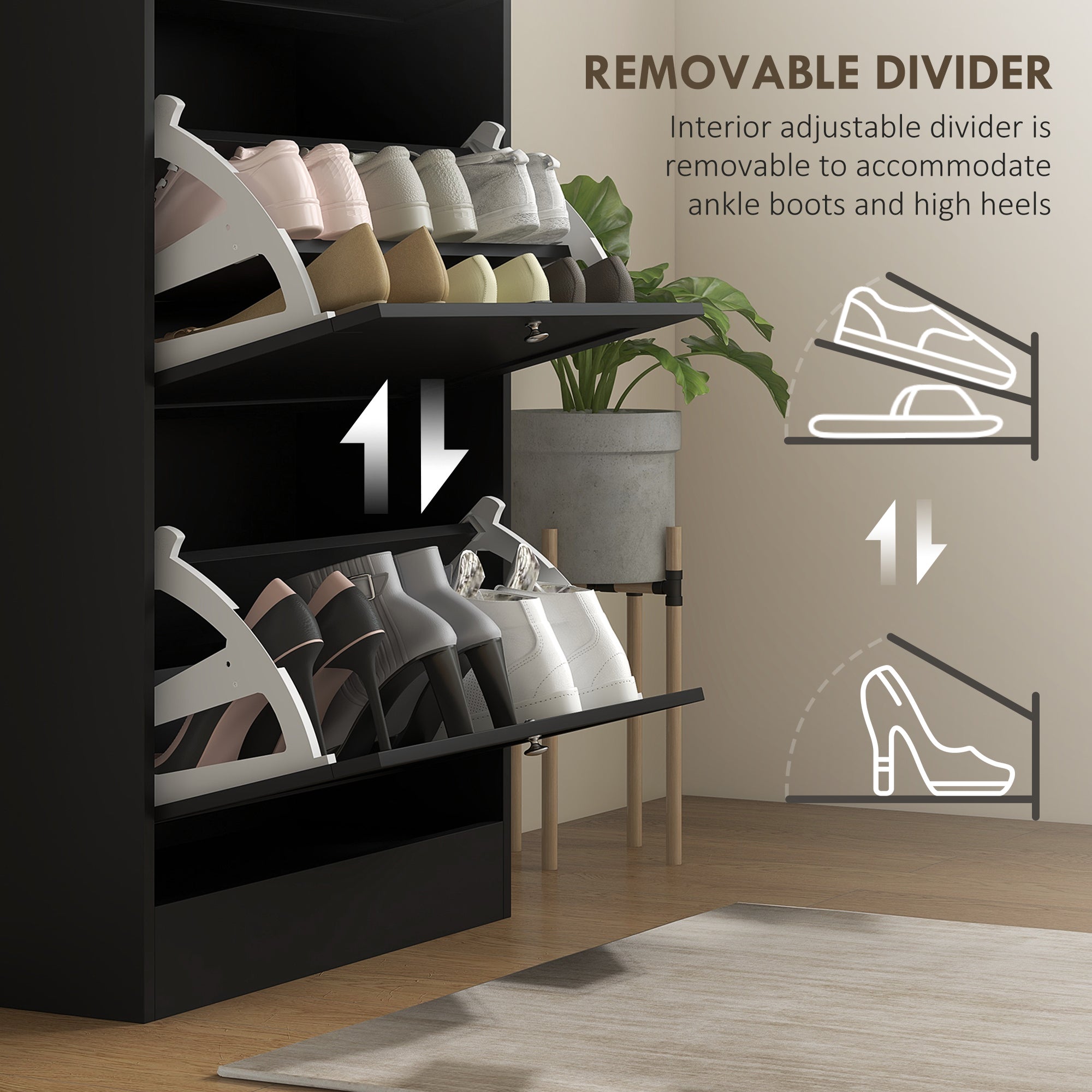 HOMCOM Narrow Shoe Cabinet with 3 Flip Drawers for 18 Pairs of Shoes Black