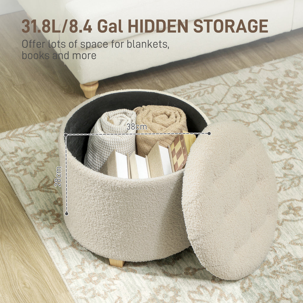 HOMCOM 45cm Round Ottoman with Storage, Lid, Cashmere Footstool, Cream White