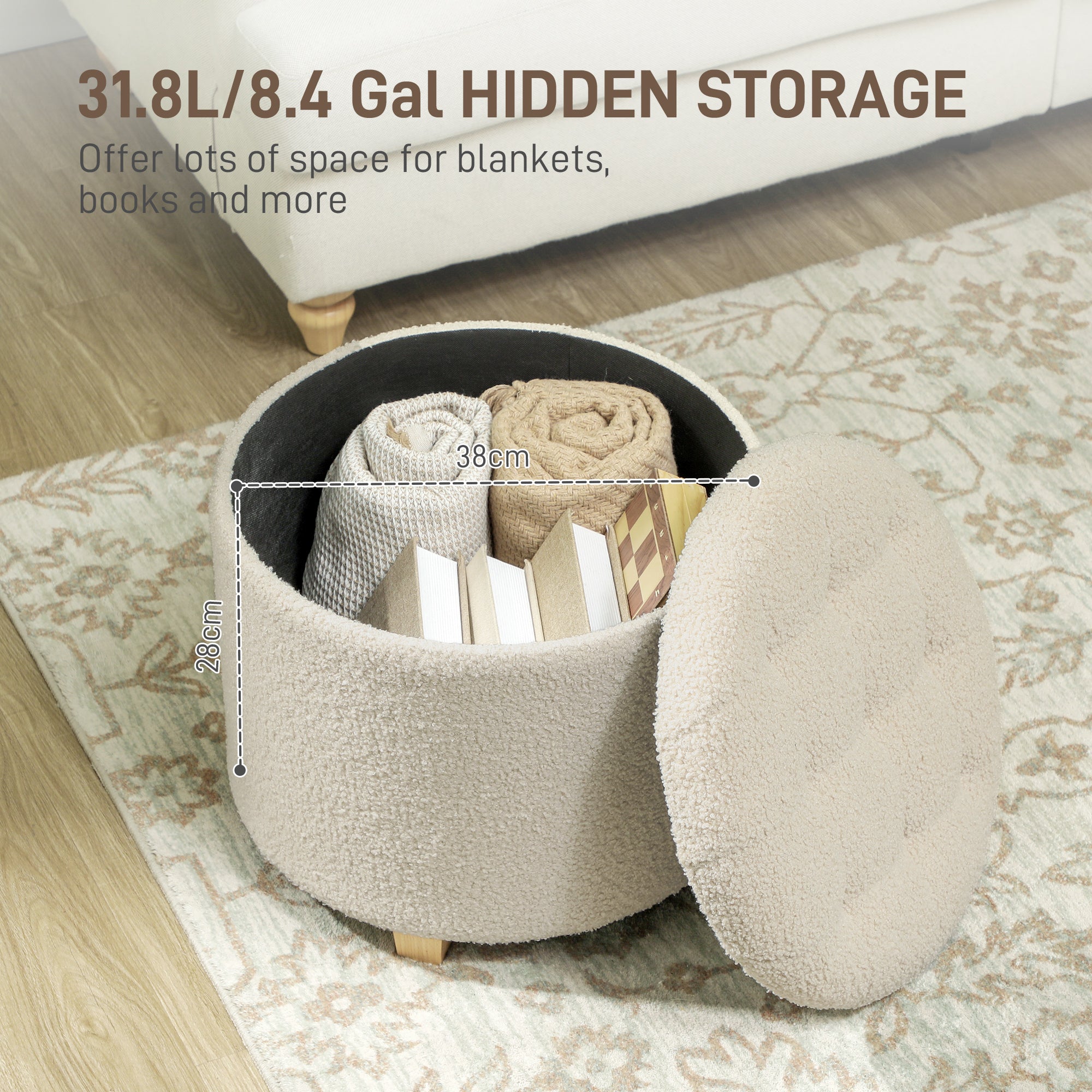 HOMCOM 45cm Round Ottoman with Storage, Lid, Cashmere Footstool, Cream White