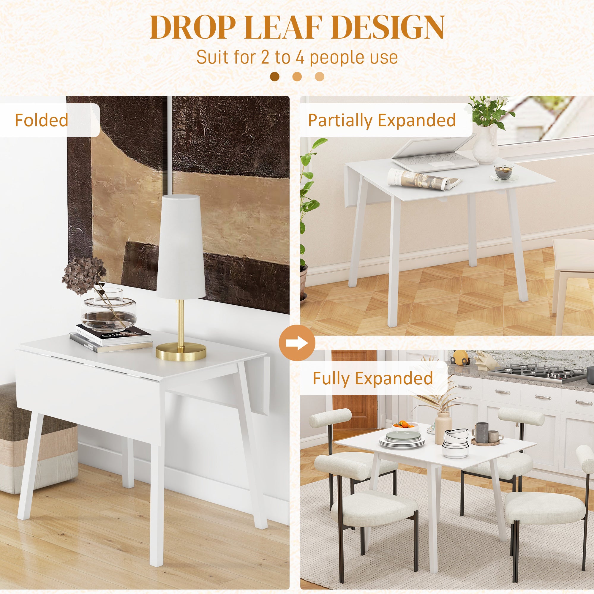 Extendable Kitchen Table for 2-4, Folding Drop Leaf Dining Table, White