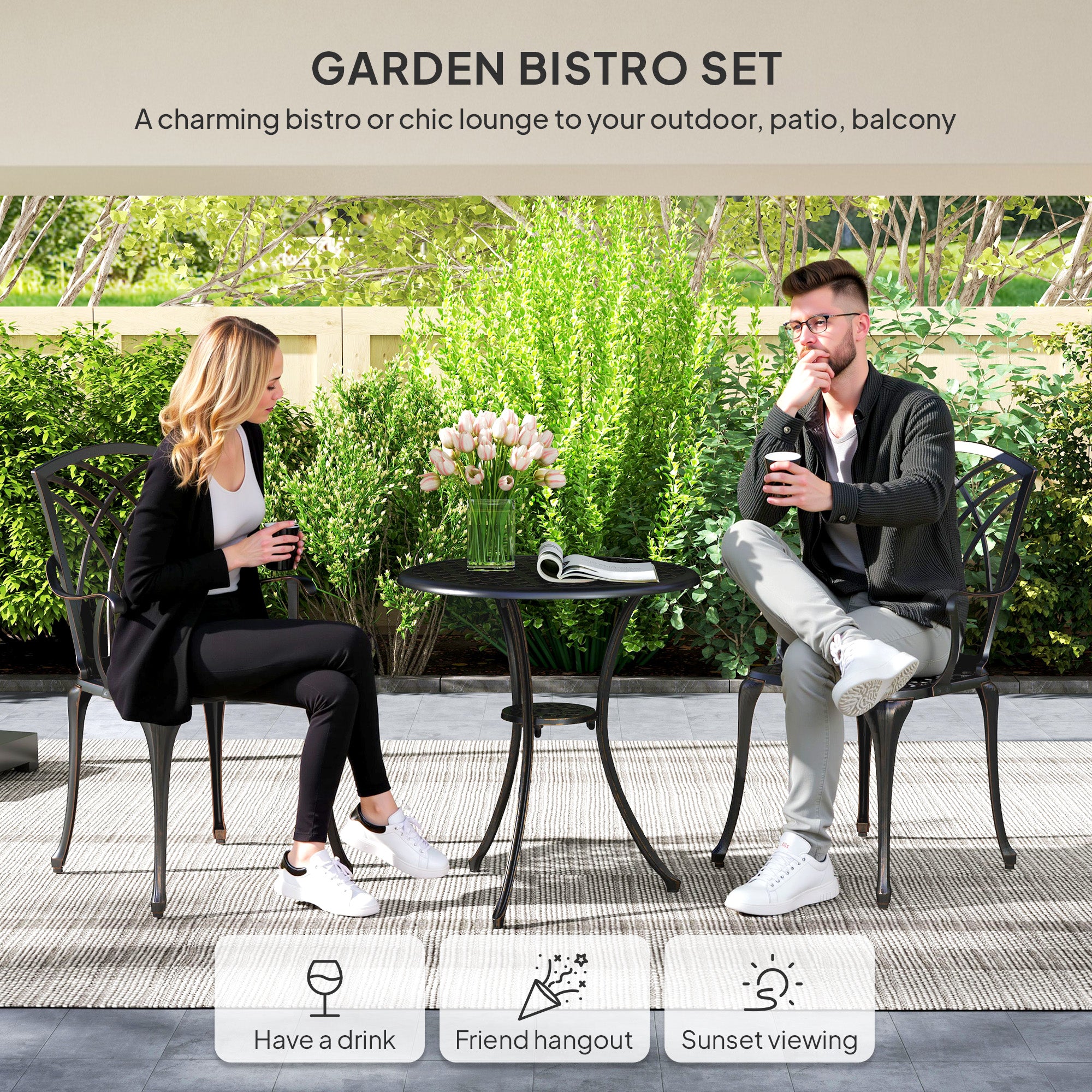 Outsunny 3 PCs Garden Bistro Set Outdoor Garden Furniture Set w/ Umbrella Hole