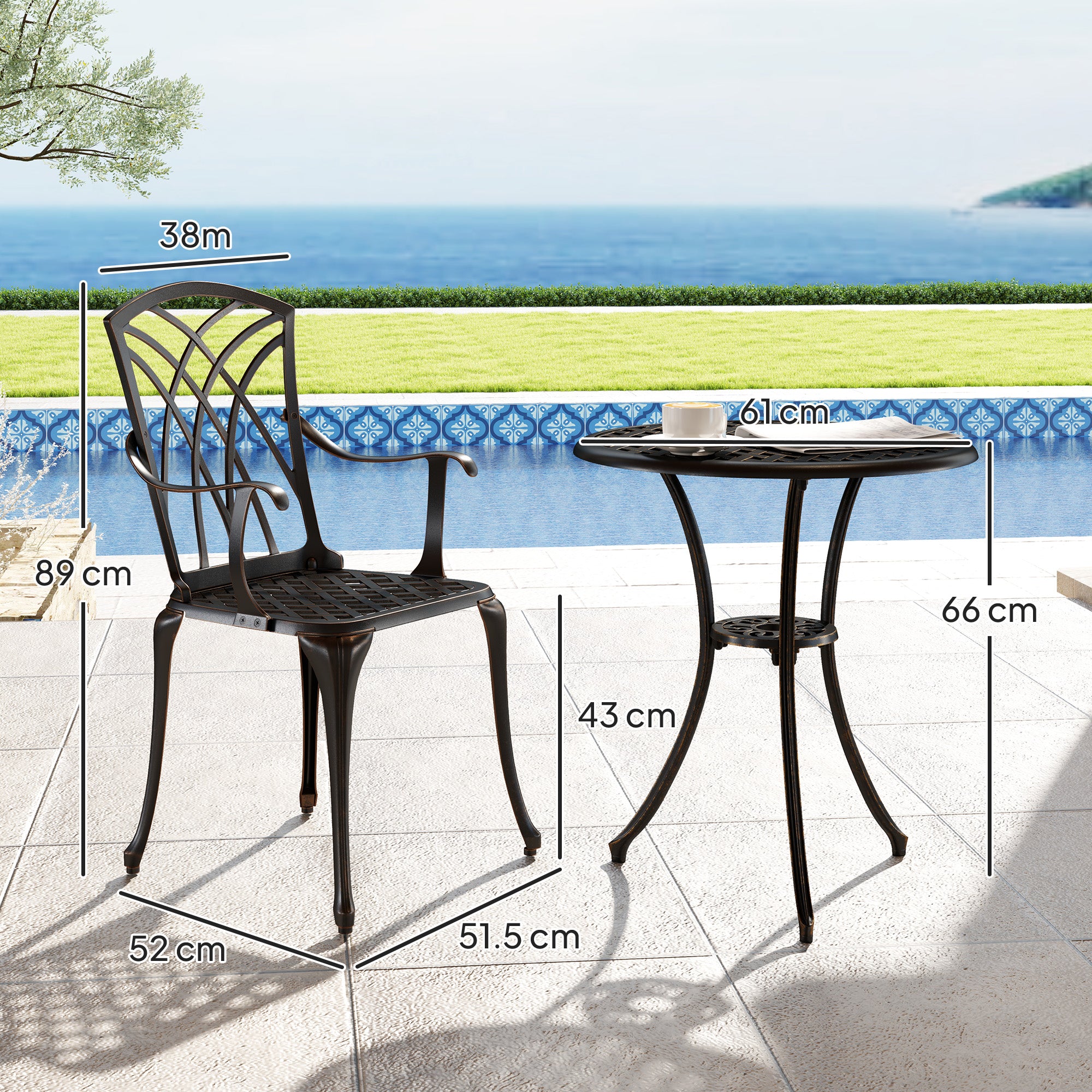 Outsunny 3 PCs Garden Bistro Set Outdoor Garden Furniture Set w/ Umbrella Hole