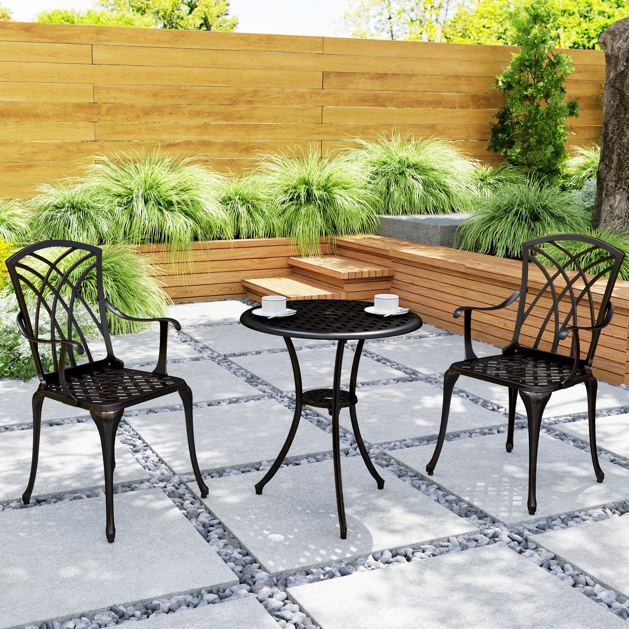 Outsunny 3 PCs Garden Bistro Set Outdoor Garden Furniture Set w/ Umbrella Hole