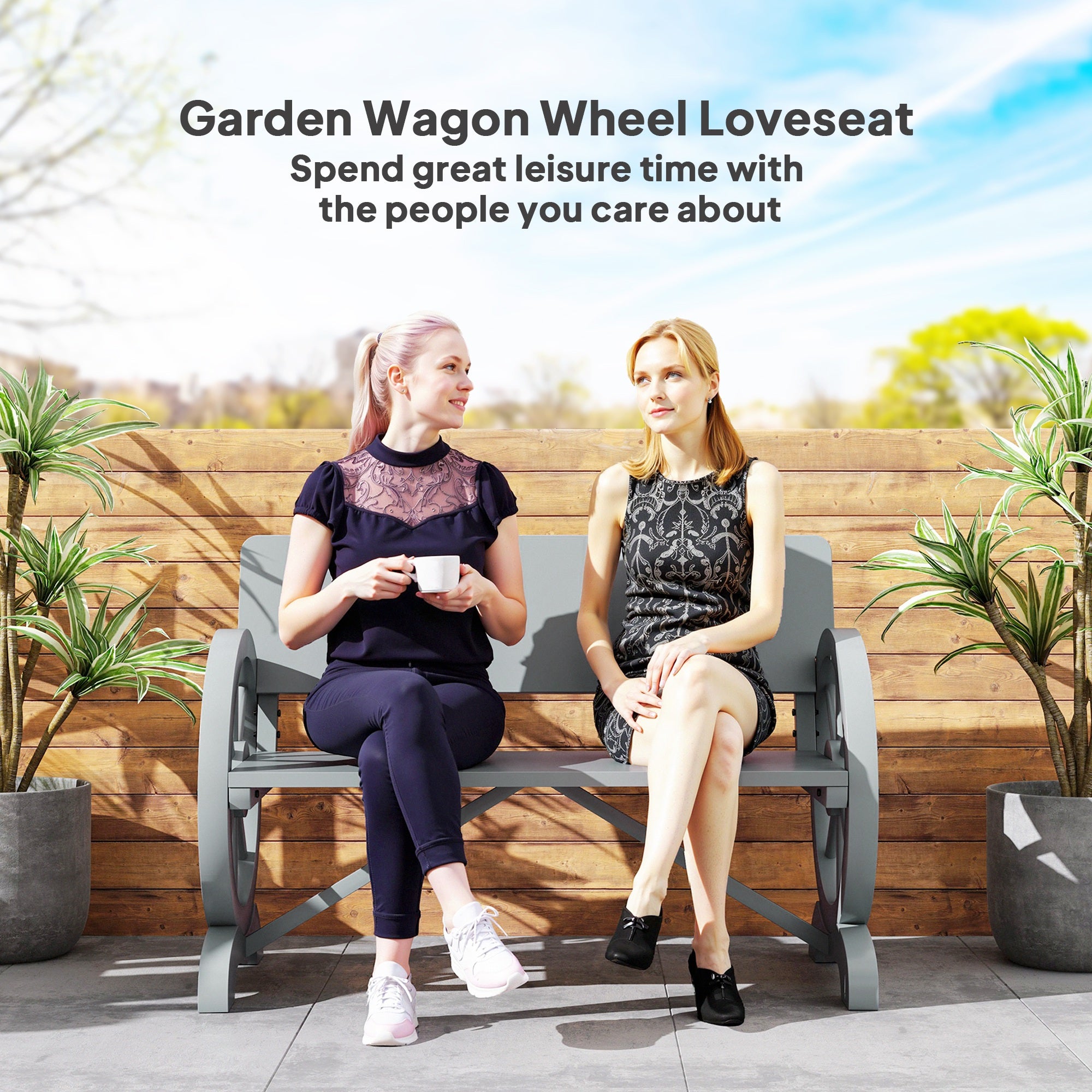 Outsunny Wooden Garden Bench Outdoor Loveseat with High Back, Grey