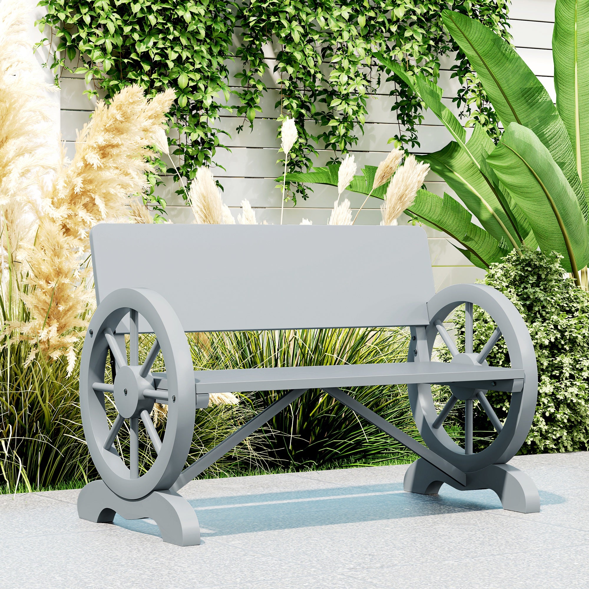 Outsunny Wooden Garden Bench Outdoor Loveseat with High Back, Grey