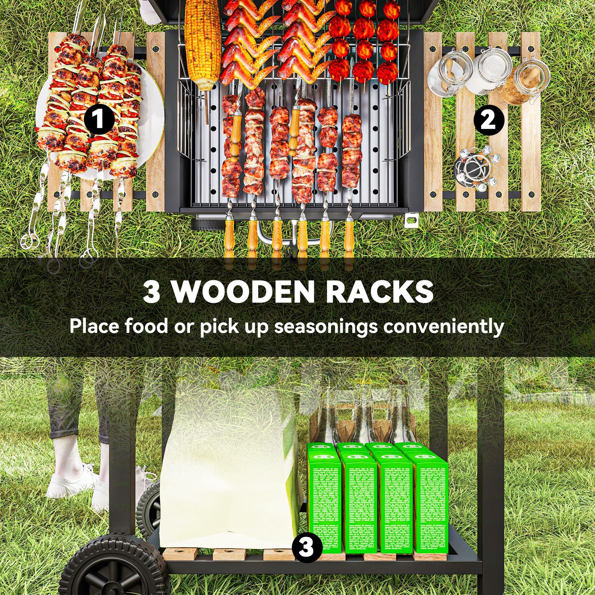 Outsunny Charcoal BBQ Grill with Warming Rack 3 Shelves Temperature Gauge