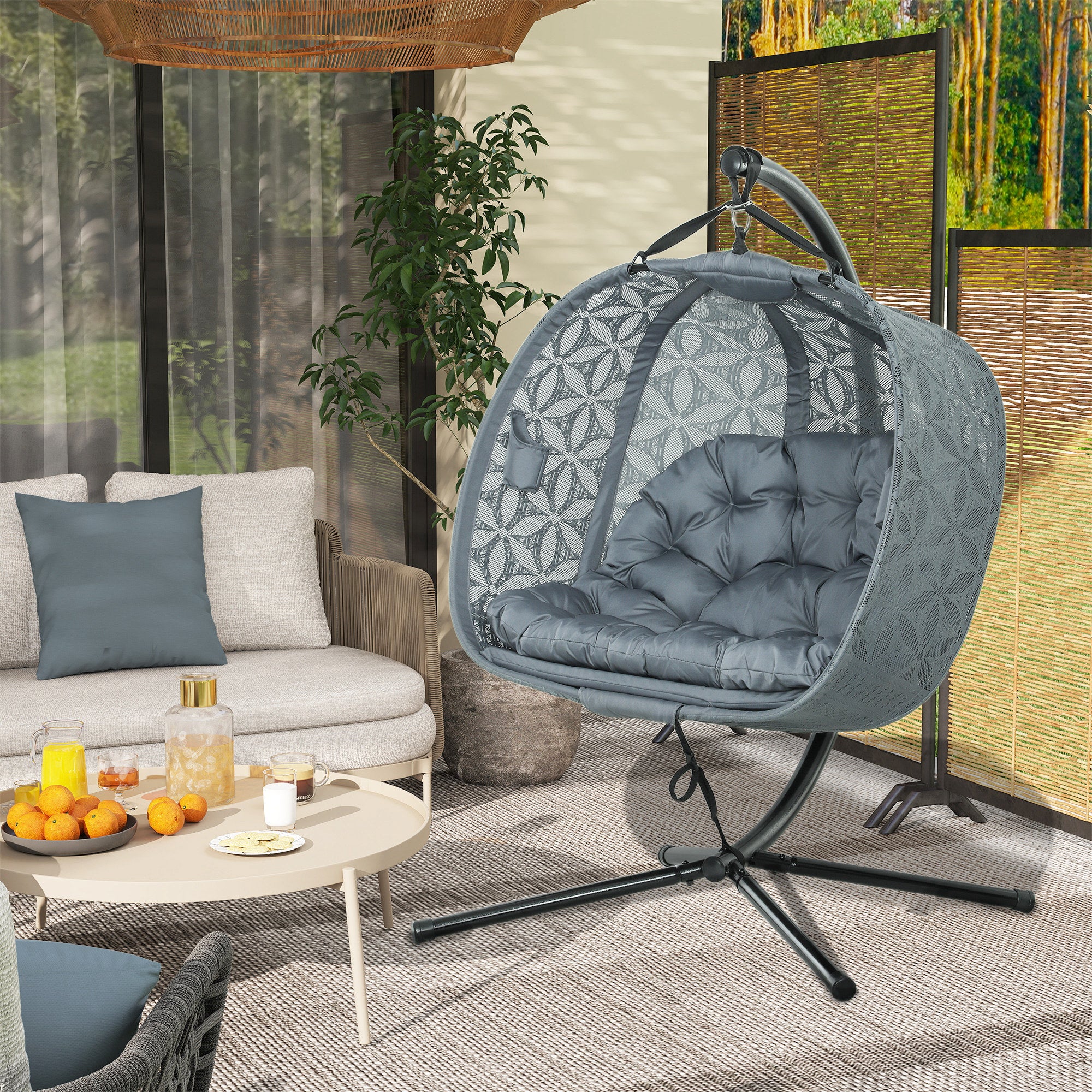 Outsunny Double Hanging Swing Chair w/ Stand & Cup Holders, Charcoal Grey
