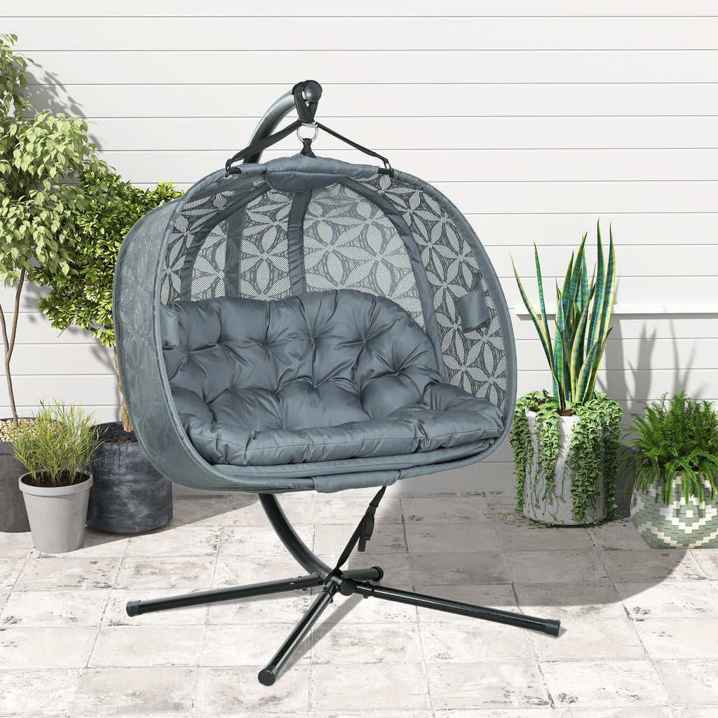 Outsunny Double Hanging Swing Chair w/ Stand & Cup Holders, Charcoal Grey