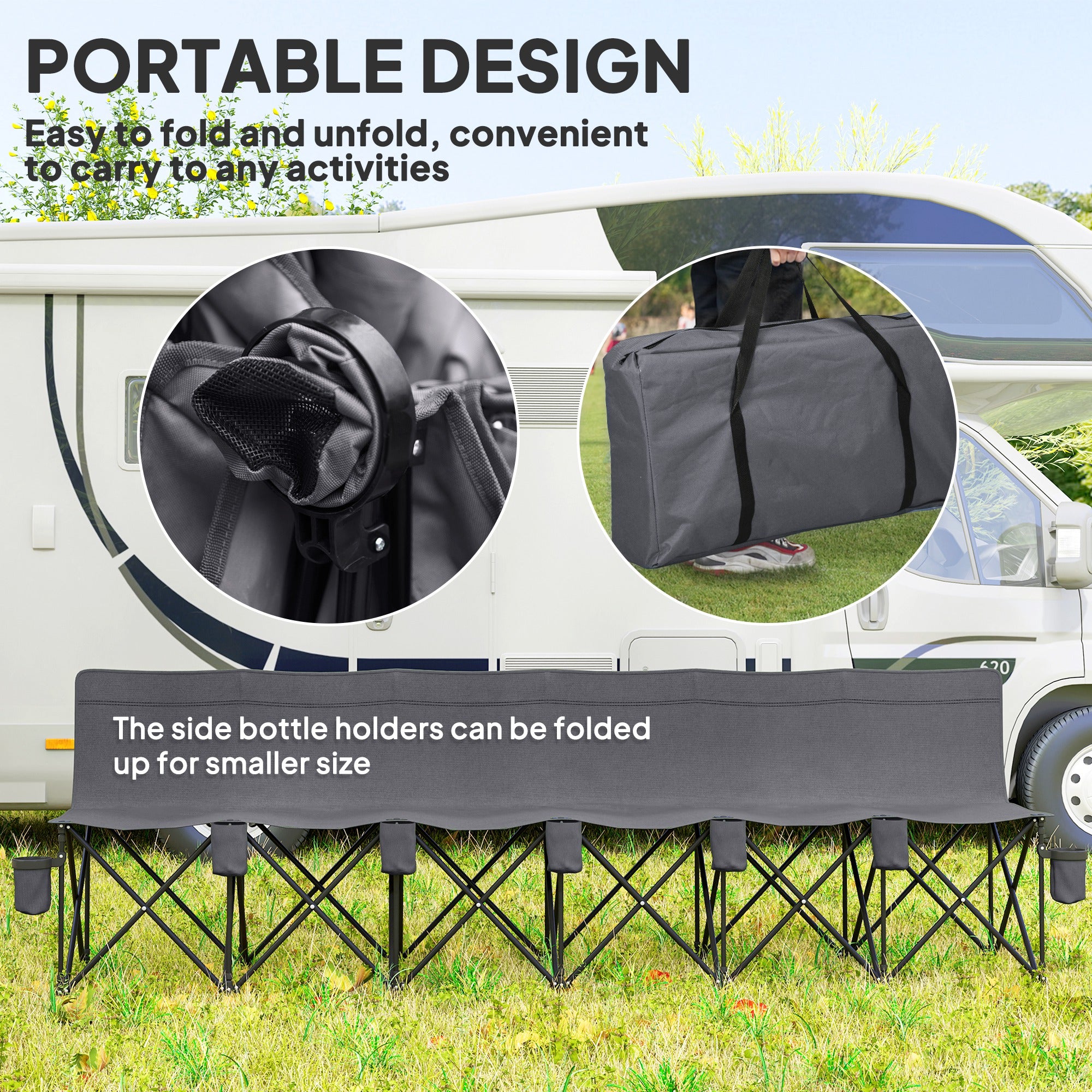 Outsunny 6 Seater Folding Bench Camping Chair with Cup Holder, Charcoal Grey