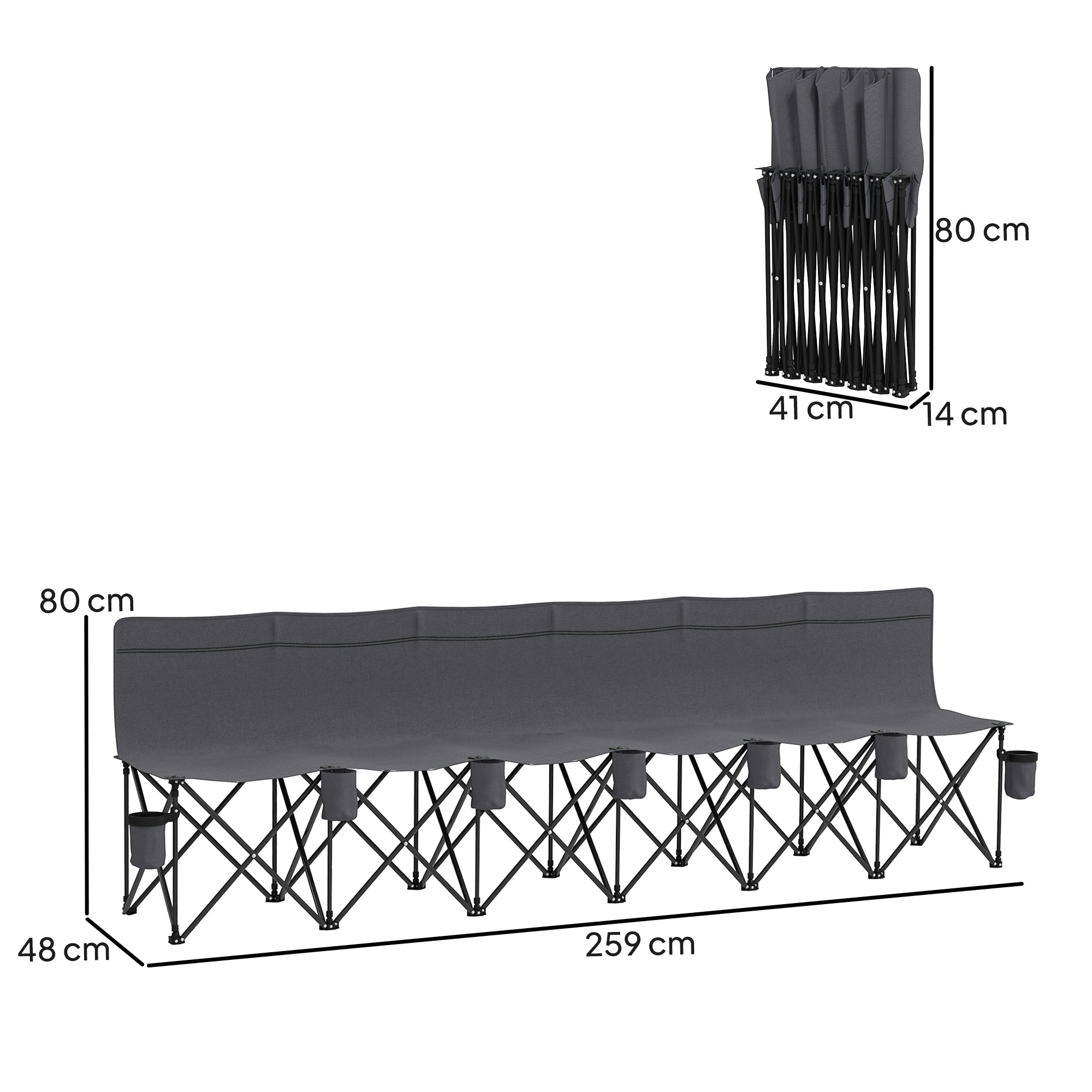 Outsunny 6 Seater Folding Bench Camping Chair with Cup Holder, Charcoal Grey